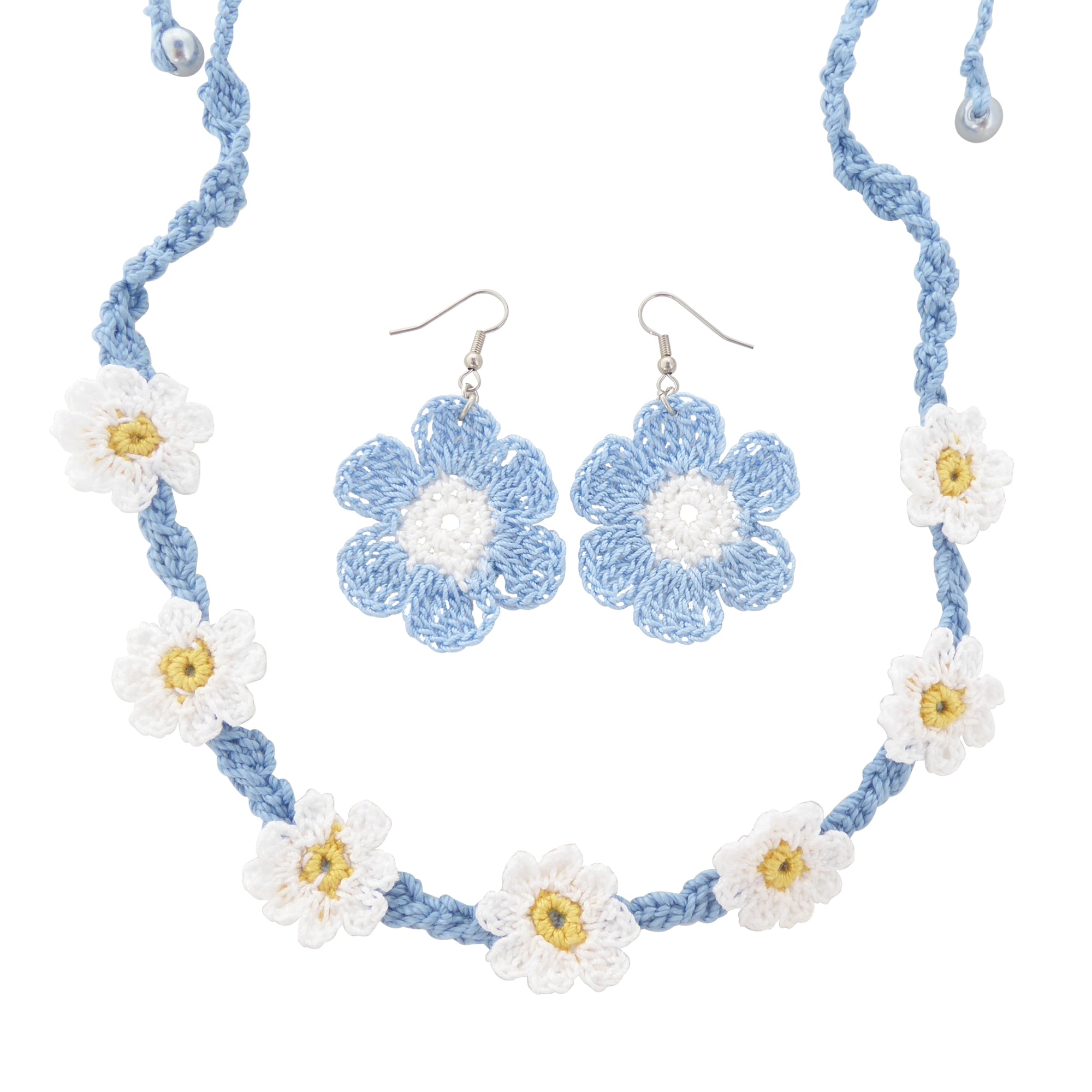 Blue and white flower crochet earring and necklace set by Jenny Dayco 1