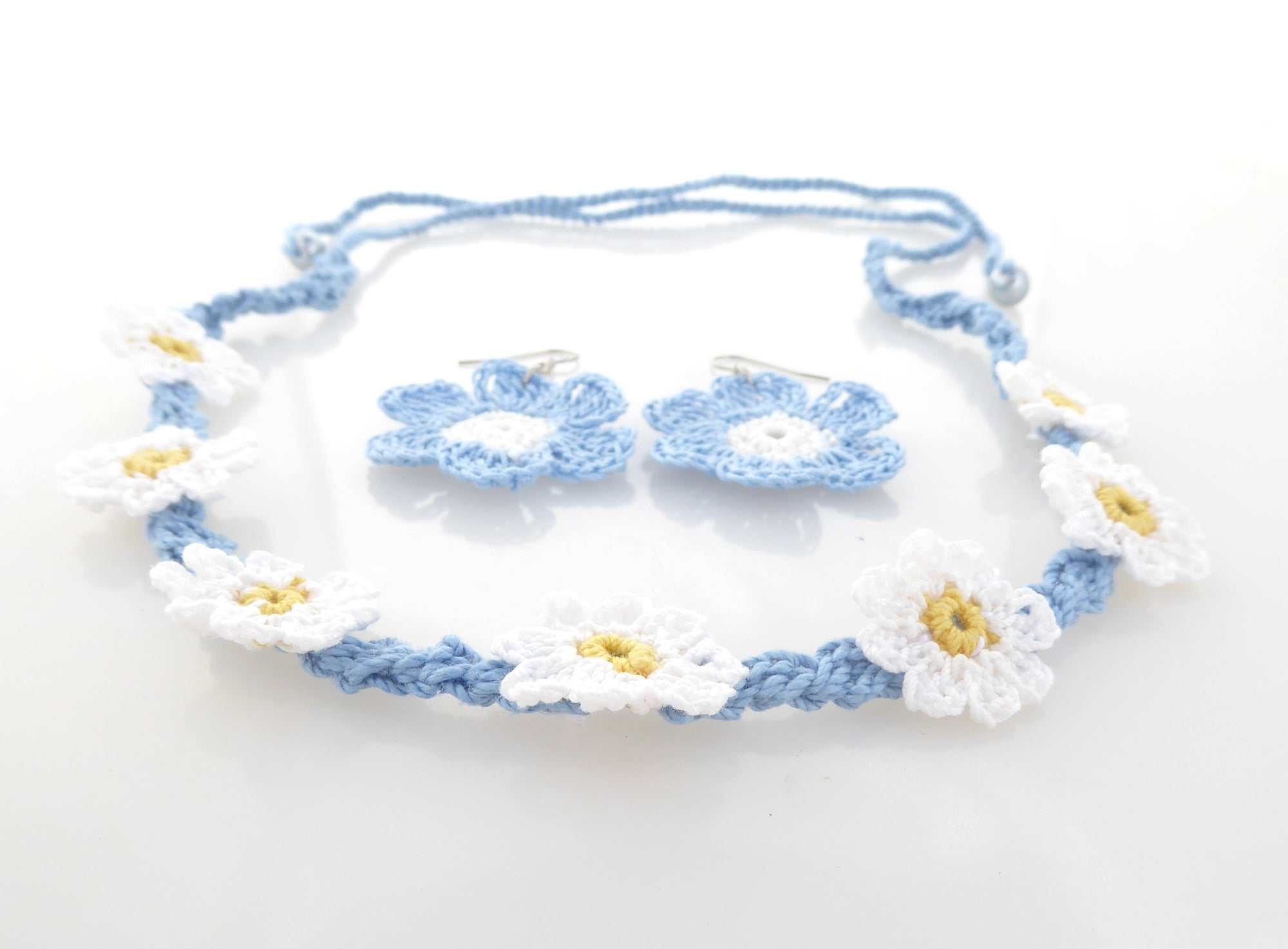 Blue and white flower crochet earring and necklace set by Jenny Dayco 3