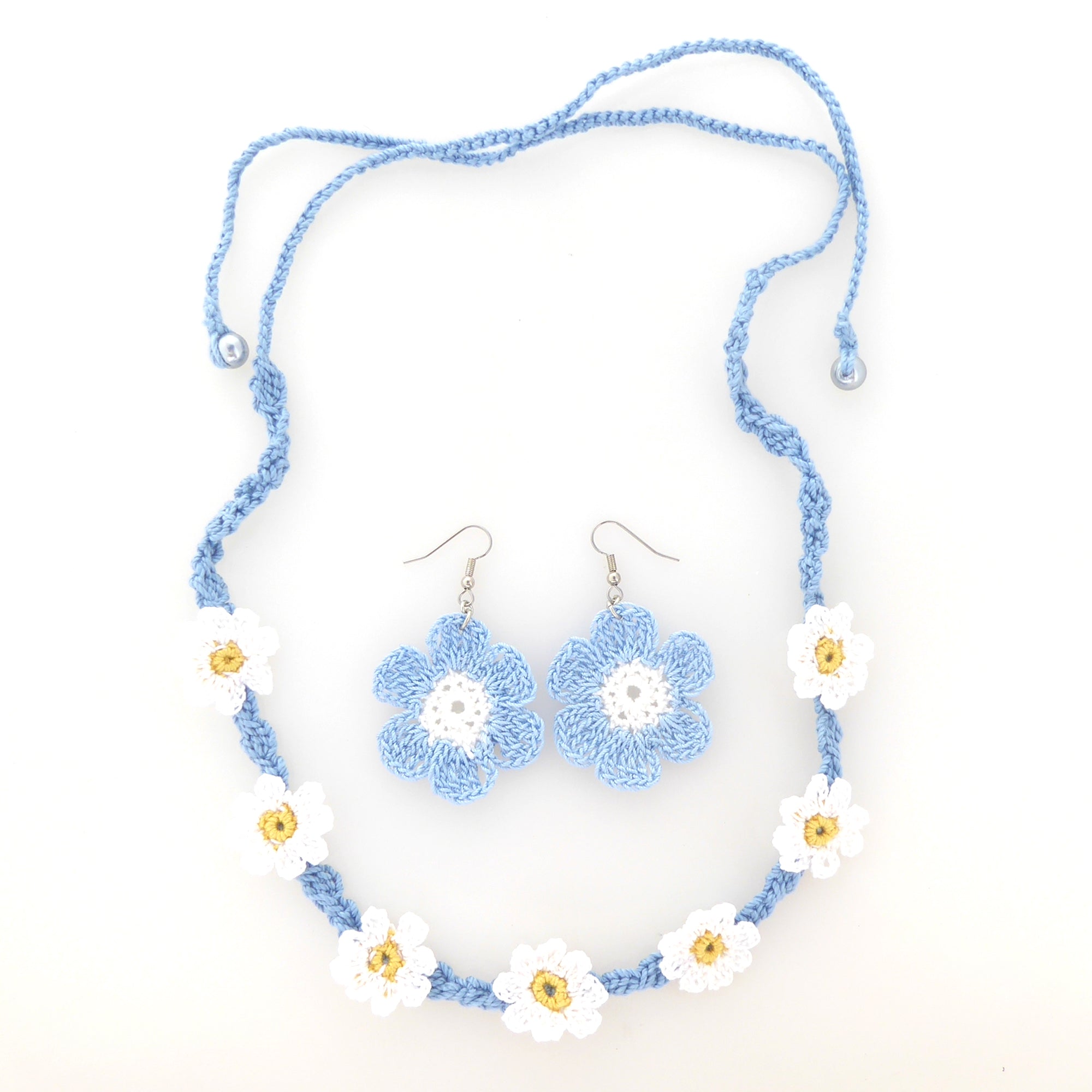 Blue and white flower crochet earring and necklace set by Jenny Dayco 6
