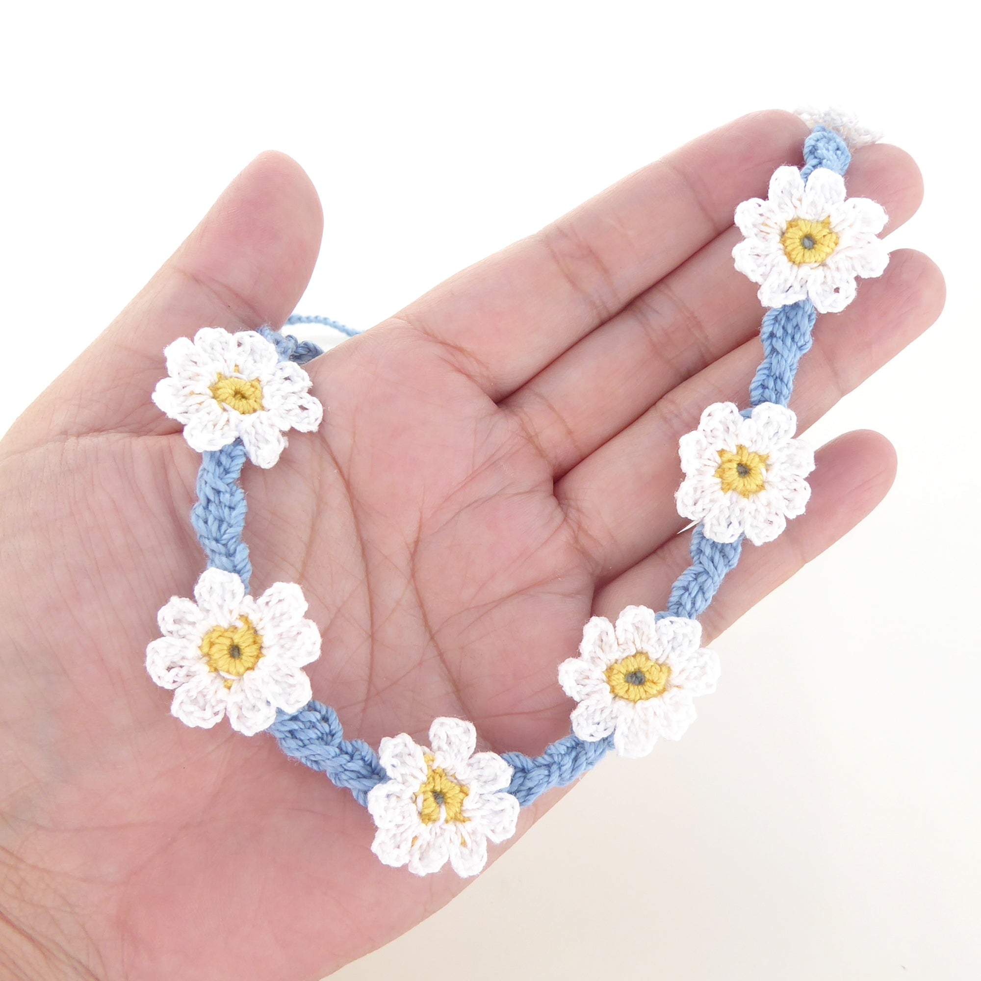 Blue and white flower crochet earring and necklace set by Jenny Dayco 8