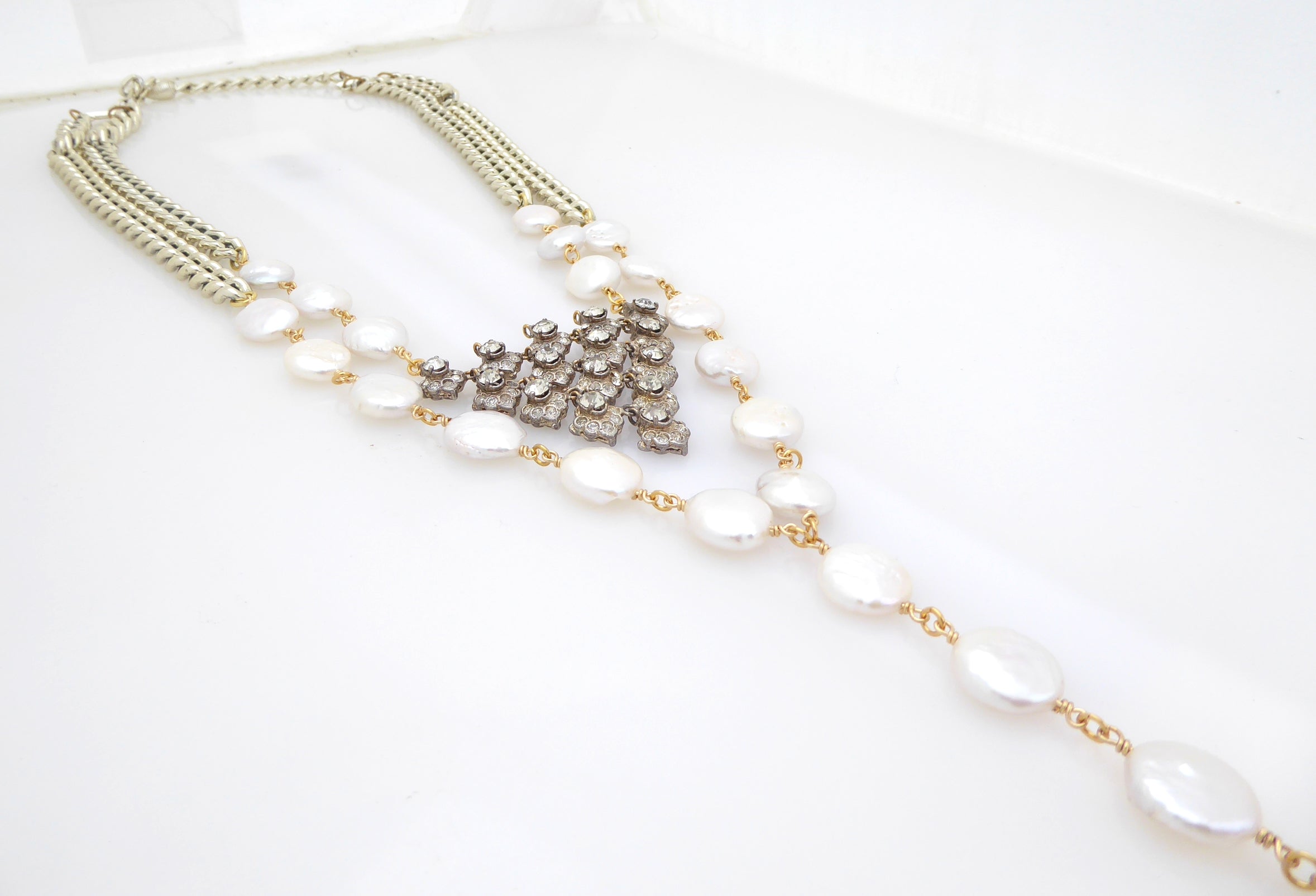 Celestial freshwater pearl and rhinestone necklace by Jenny Dayco 2