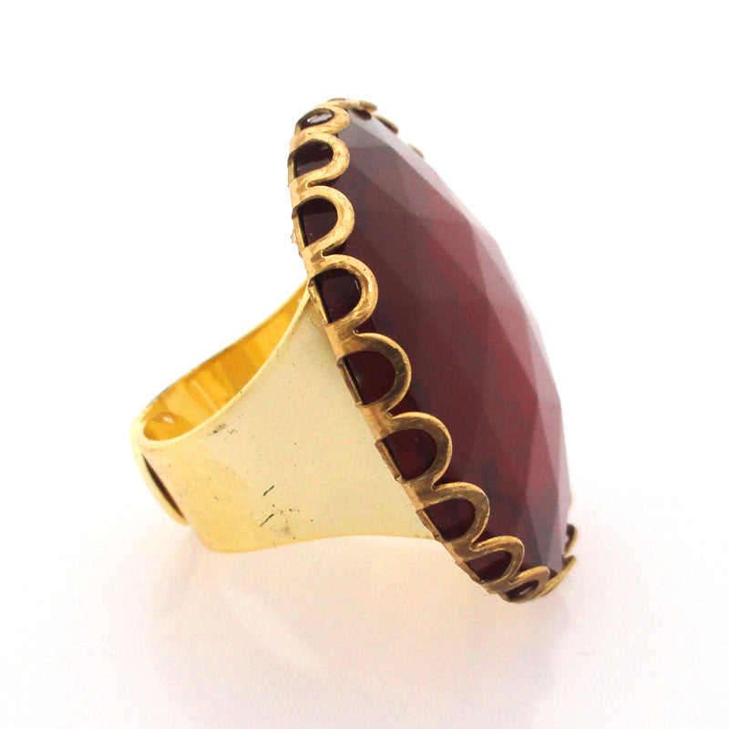 Dark ruby glass faceted ring by Jenny Dayco side view
