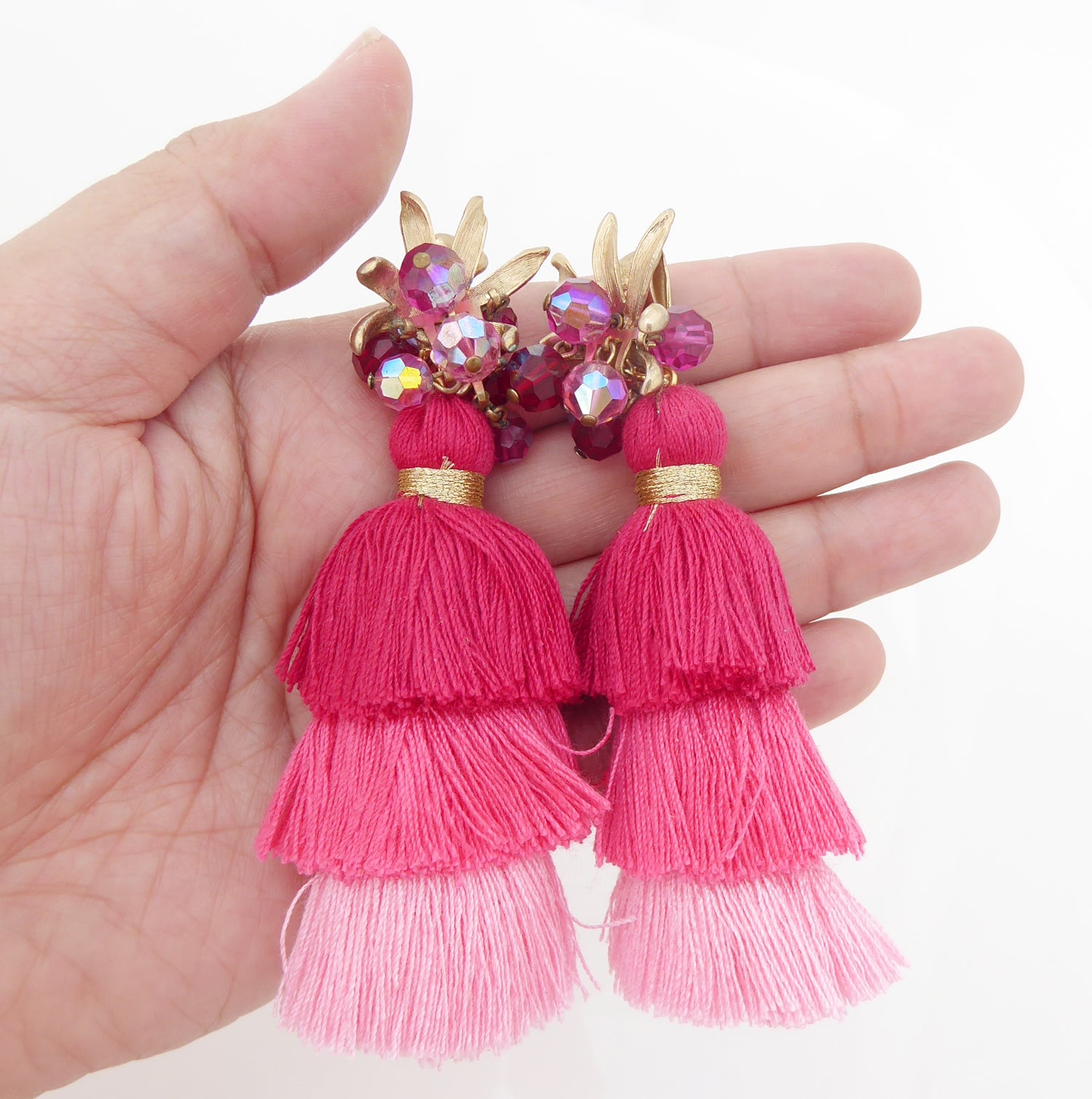 Fuchsia beaded tassel earrings by Jenny Dayco 6