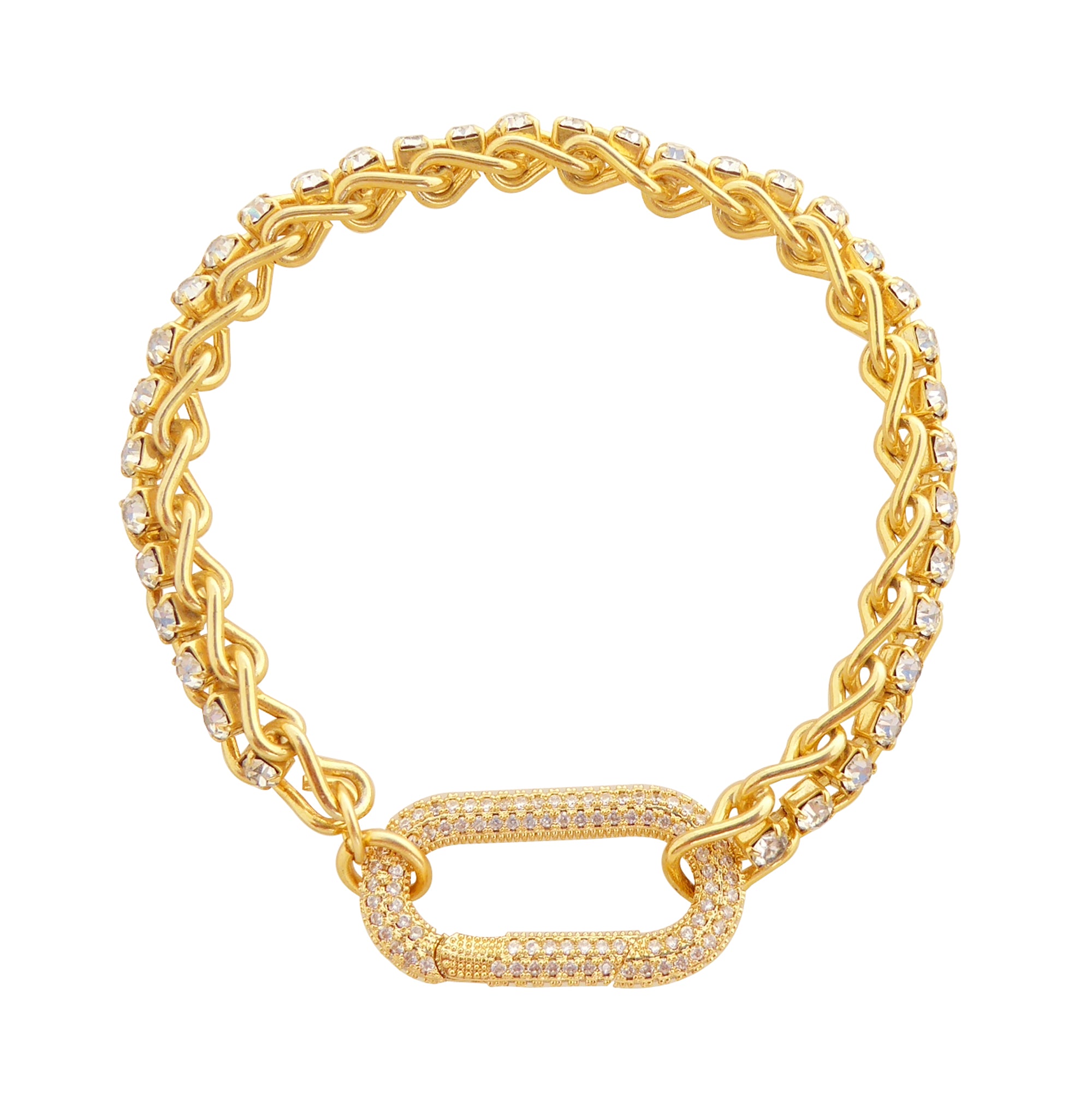 Gold rhinestone carabiner clasp bracelet by Jenny Dayco 1