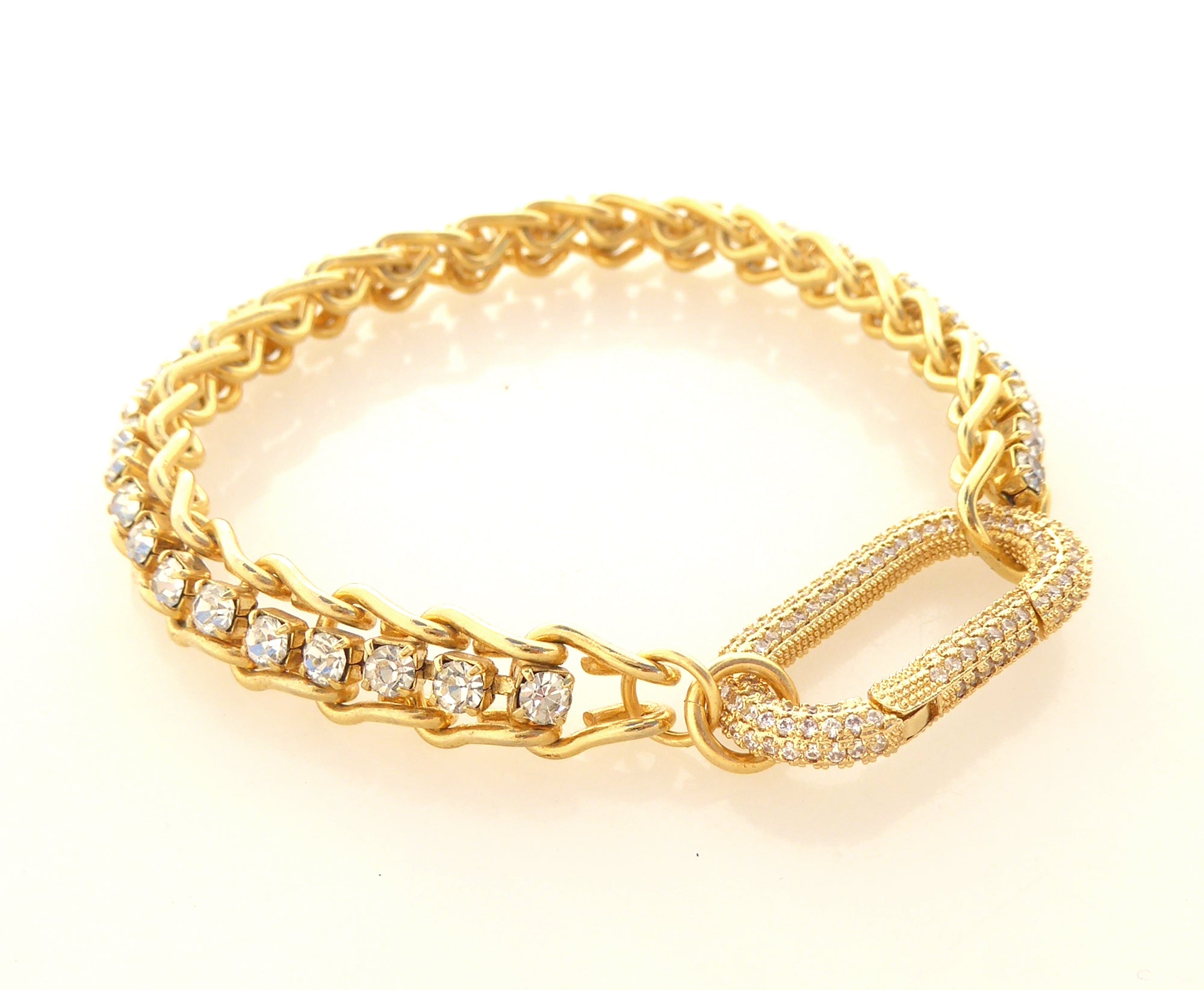 Gold rhinestone carabiner clasp bracelet by Jenny Dayco 2