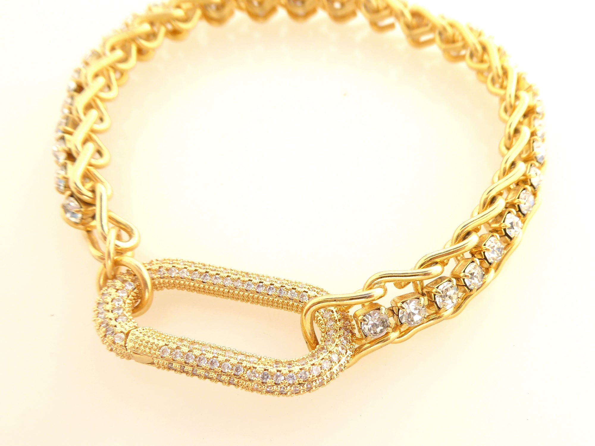 Gold rhinestone carabiner clasp bracelet by Jenny Dayco  4