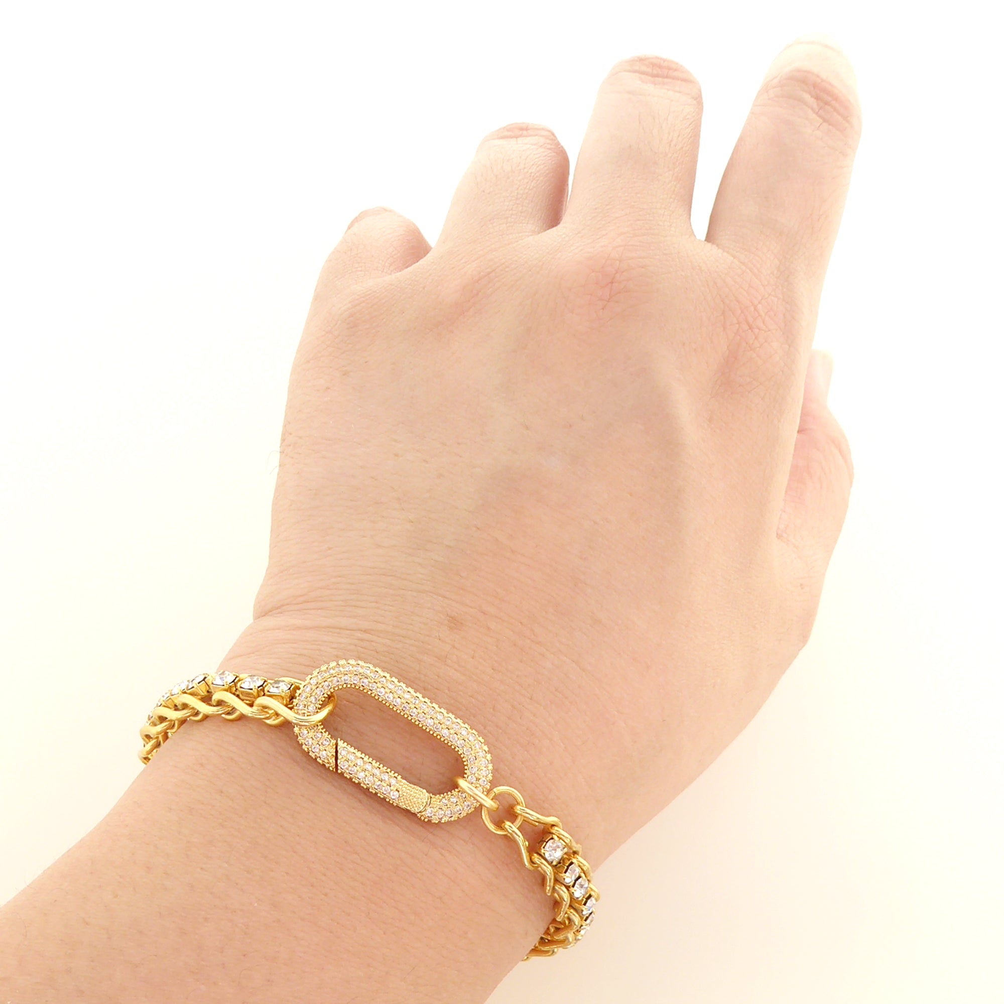 Gold rhinestone carabiner clasp bracelet by Jenny Dayco  6