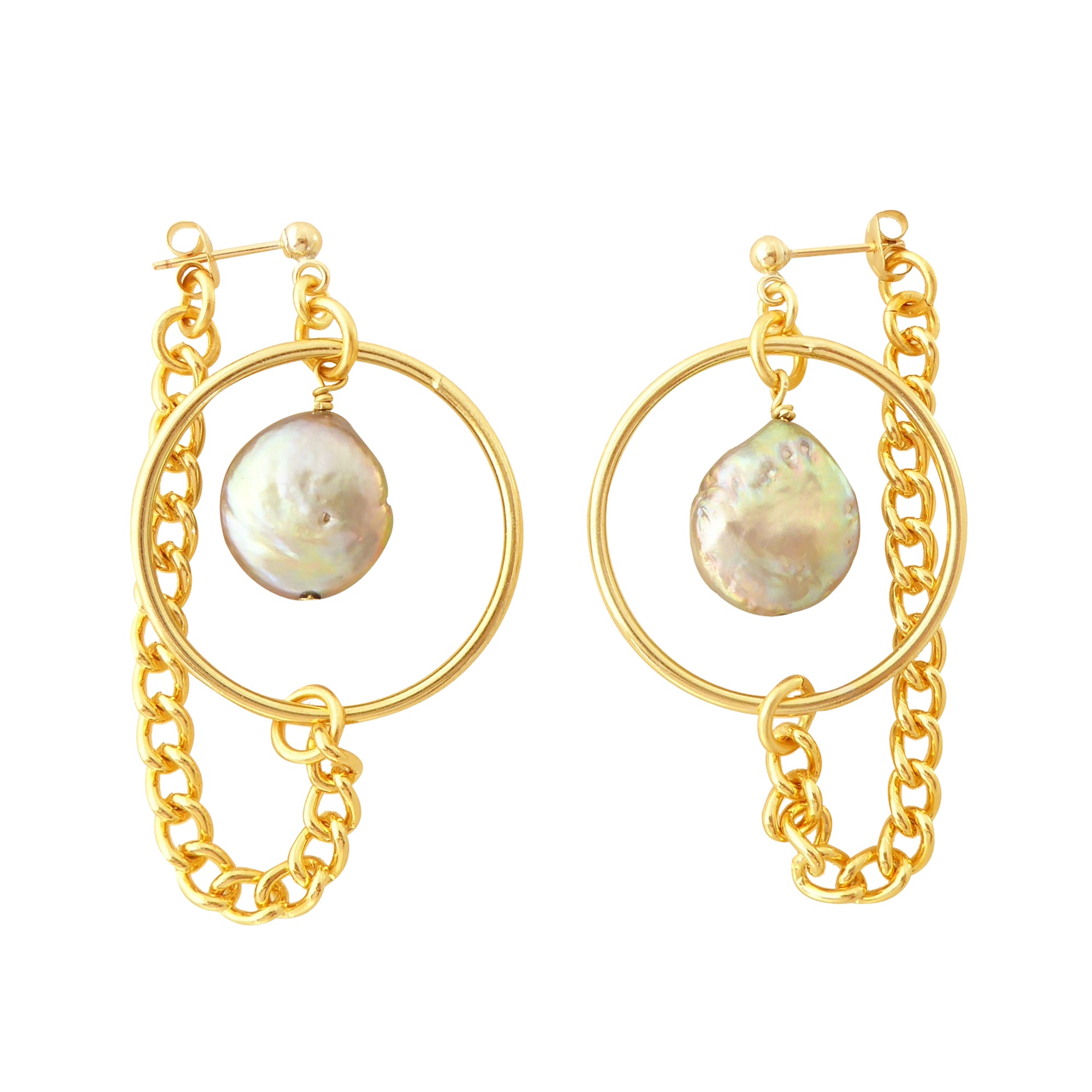 Gold saturn earrings in gray pearl by Jenny Dayco 1