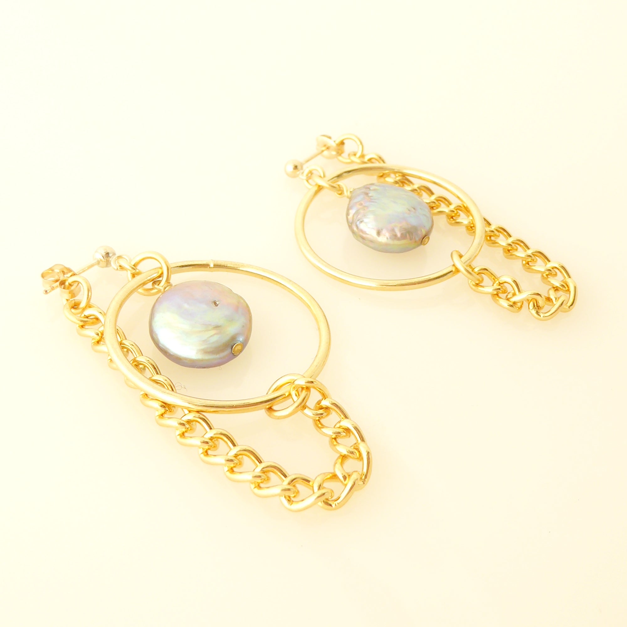 Gold saturn earrings in gray pearl by Jenny Dayco 2