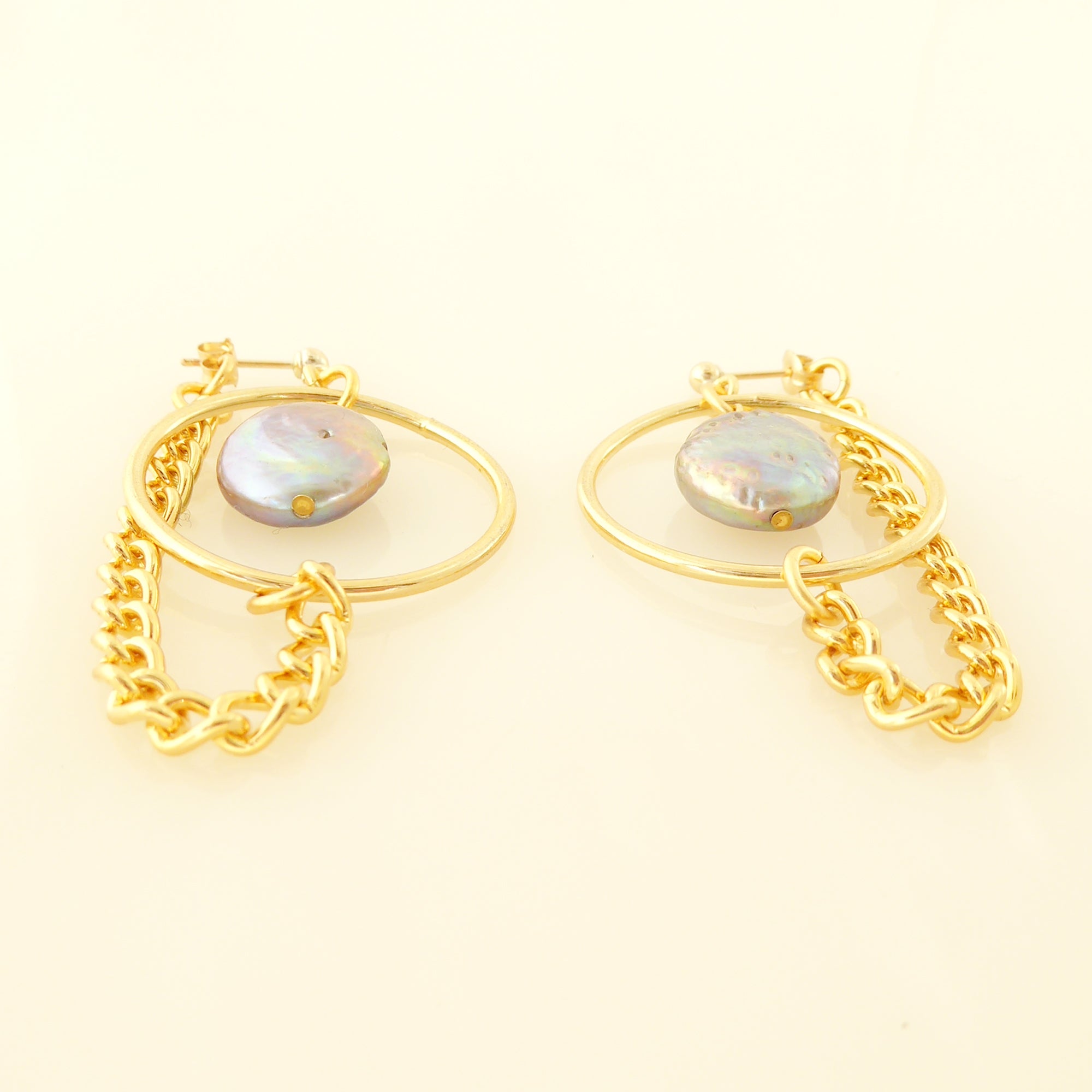 Gold saturn earrings in gray pearl by Jenny Dayco 3