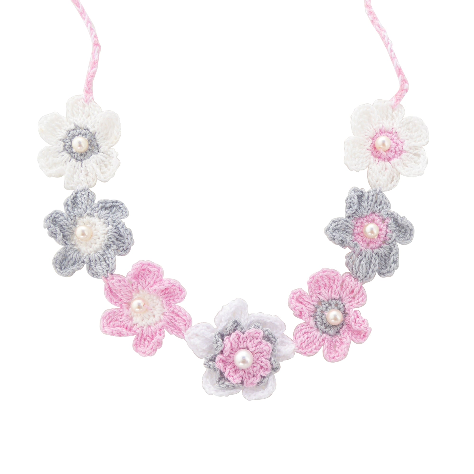 Gray pink and white crochet flower necklace by Jenny Dayco 1