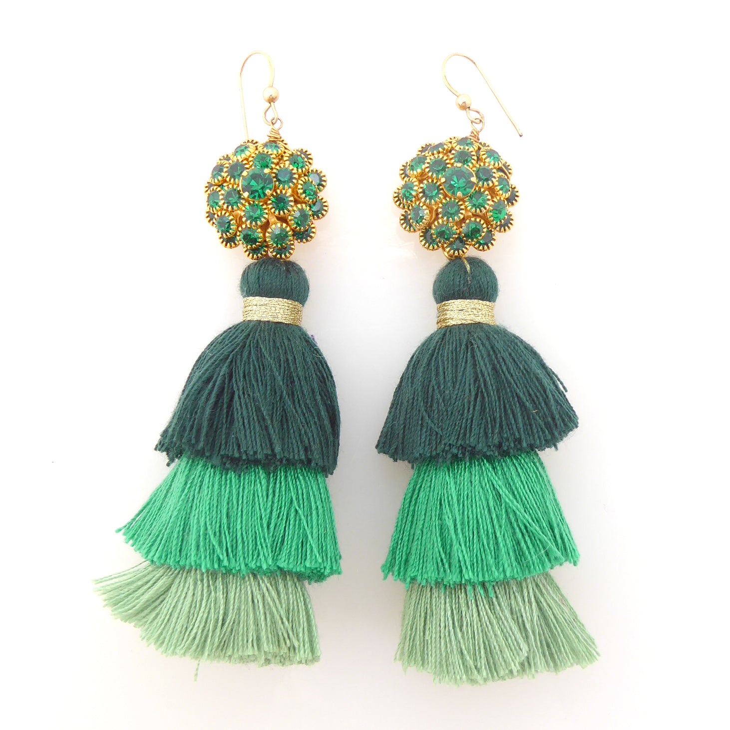 Green rhinestone tassel earrings by Jenny Dayco 1