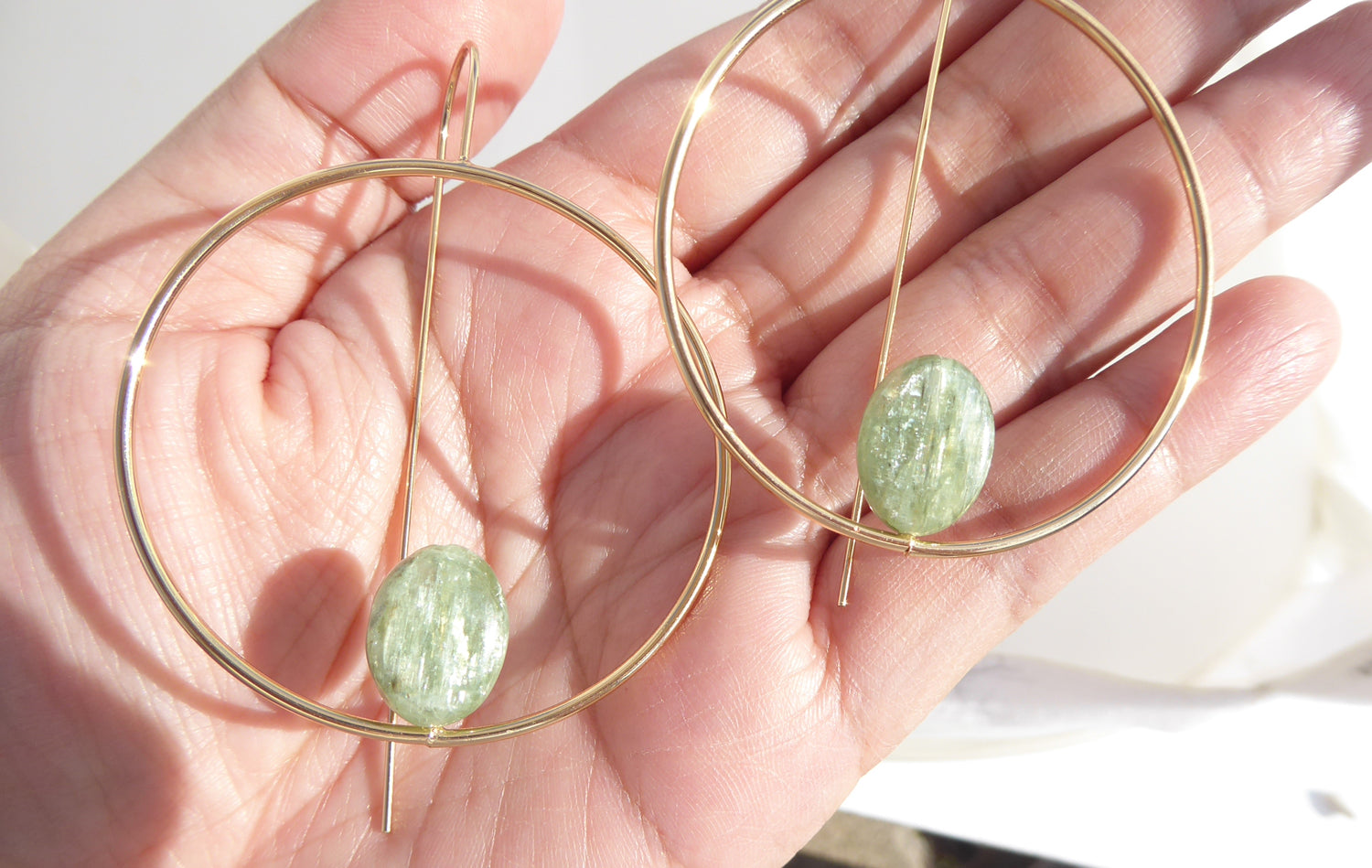 Green kyanite and gold circle earrings by Jenny Dayco 7