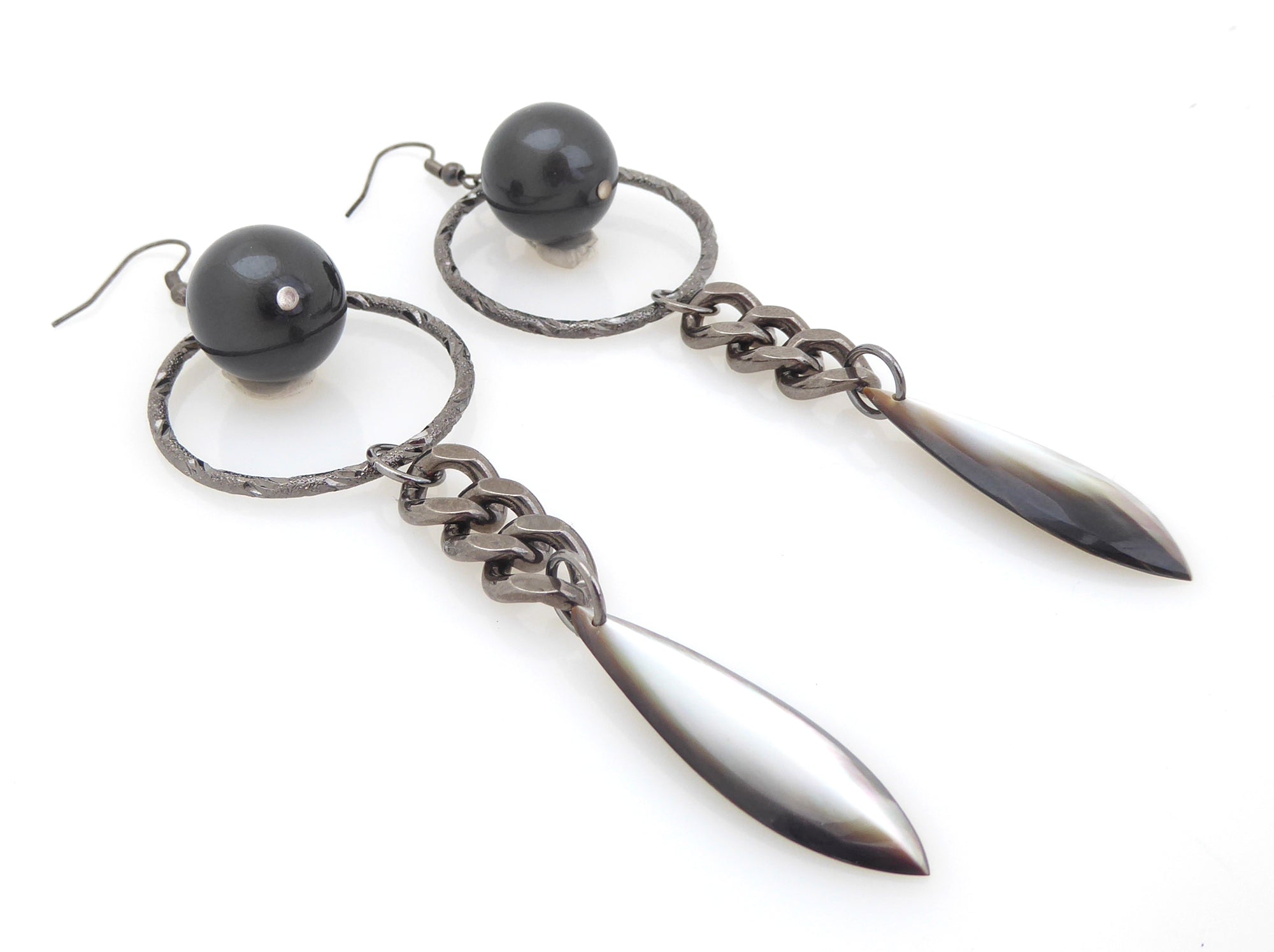 Gunmetal pearl and shell earrings by Jenny Dayco 2