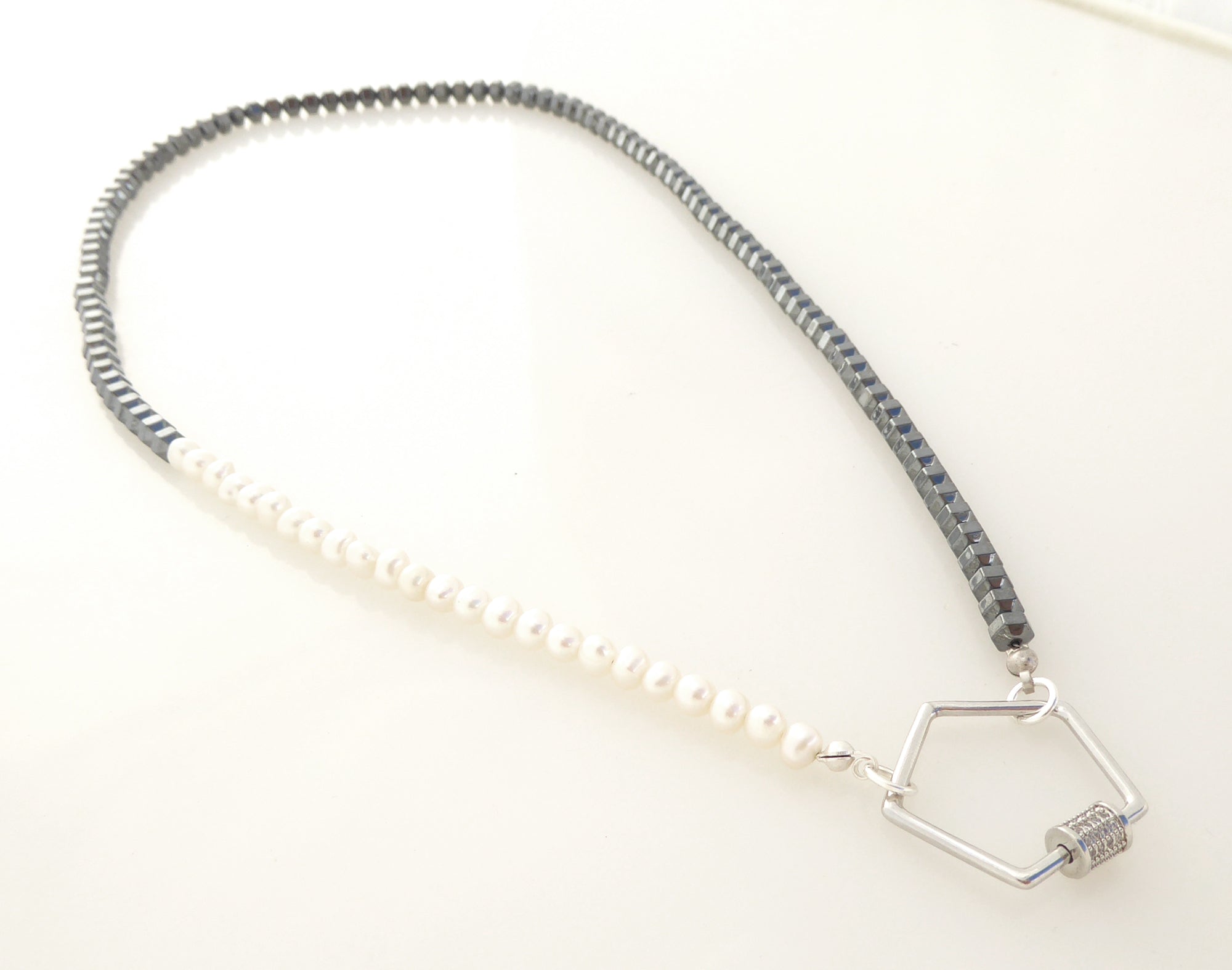 Hematite stone pearl and silver rhinestone hexagon carabiner necklace by Jenny Dayco 2