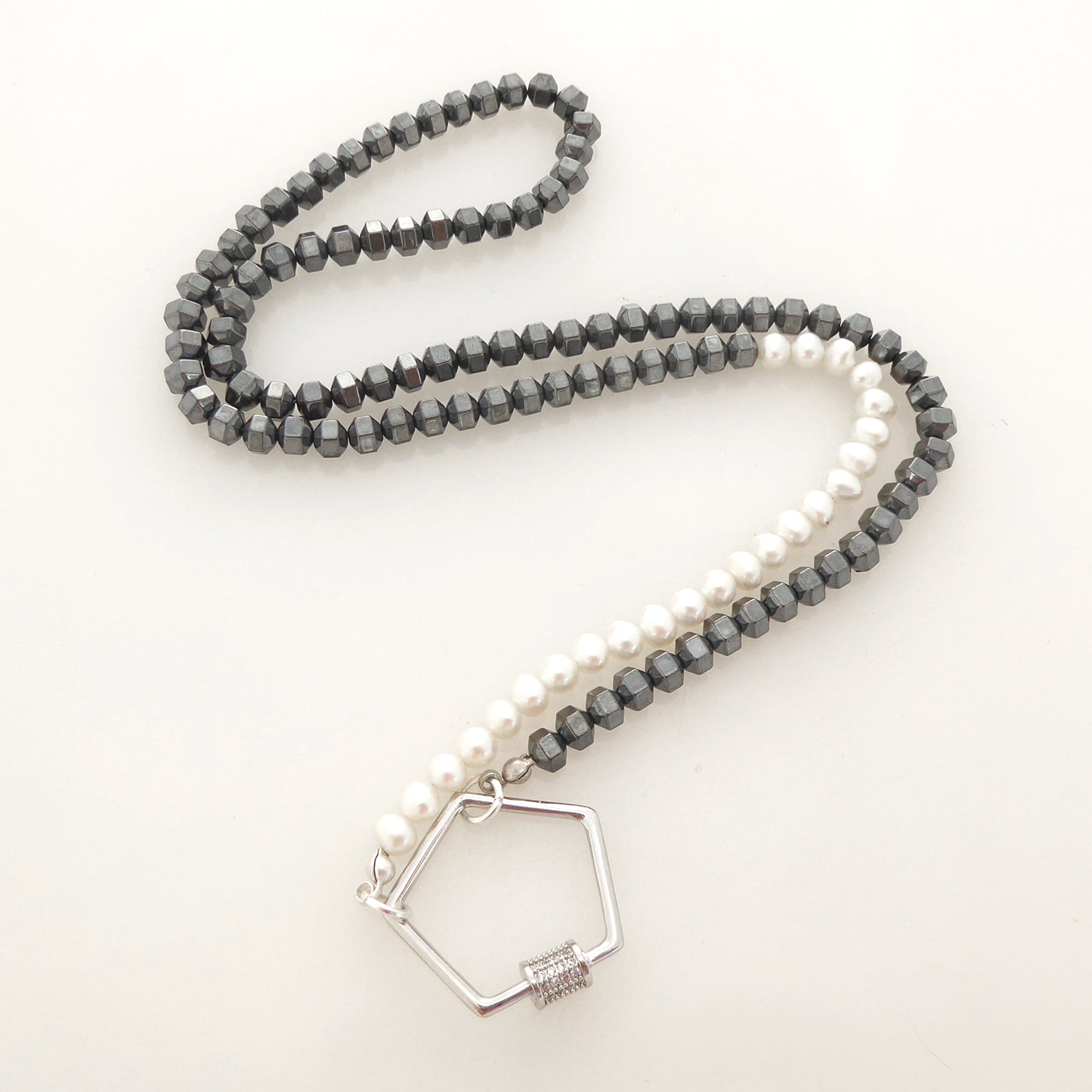 Hematite stone pearl and silver rhinestone hexagon carabiner necklace by Jenny Dayco 4