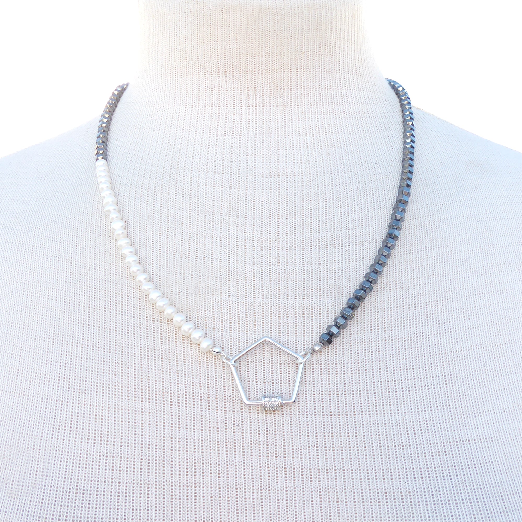 Hematite stone pearl and silver rhinestone hexagon carabiner necklace by Jenny Dayco 7