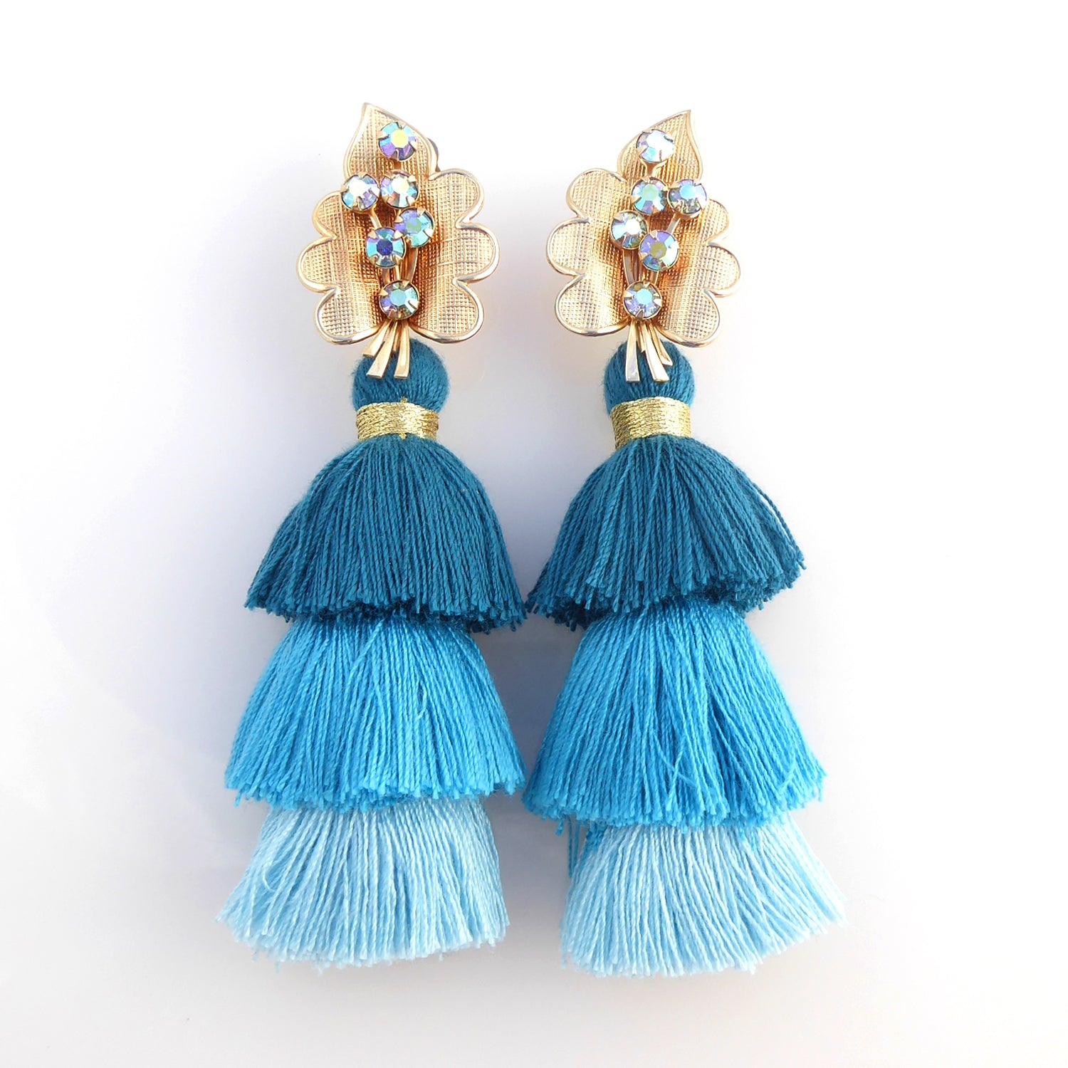 Iridescent leaf and teal blue tassel earrings by Jenny Dayco 1