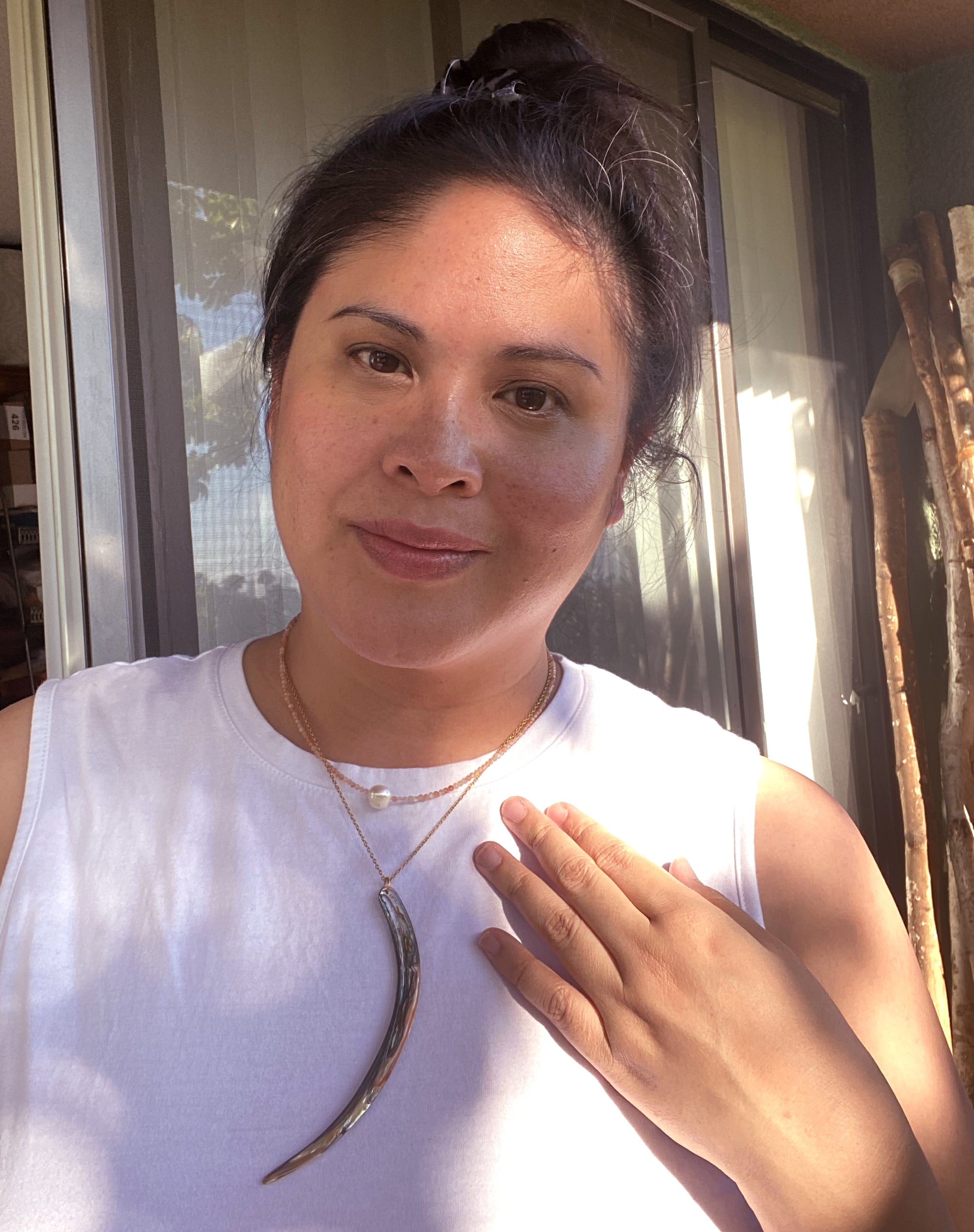 Jenny Dayco wearing an abalone and sunstone necklace