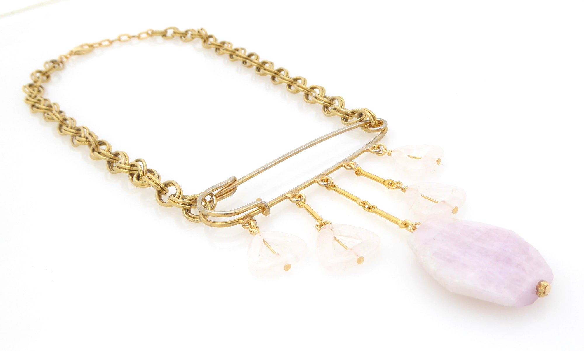 Kunzite and rose quartz safety pin necklace by Jenny Dayco 2