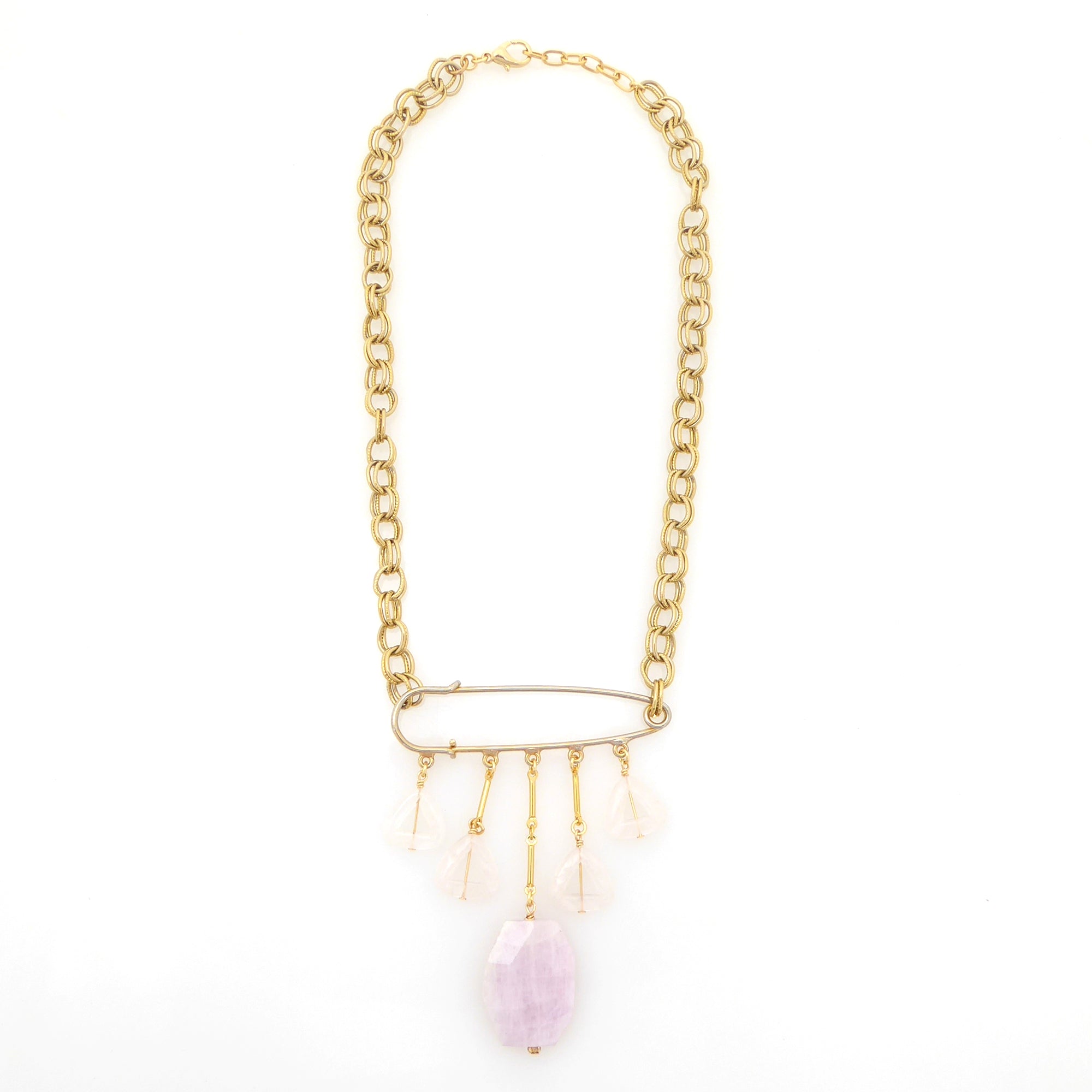 Kunzite and rose quartz safety pin necklace by Jenny Dayco 5