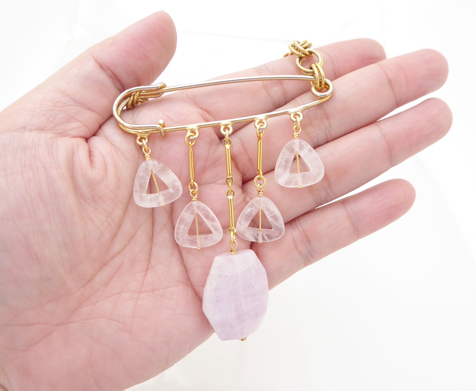 Kunzite and rose quartz safety pin necklace by Jenny Dayco 6