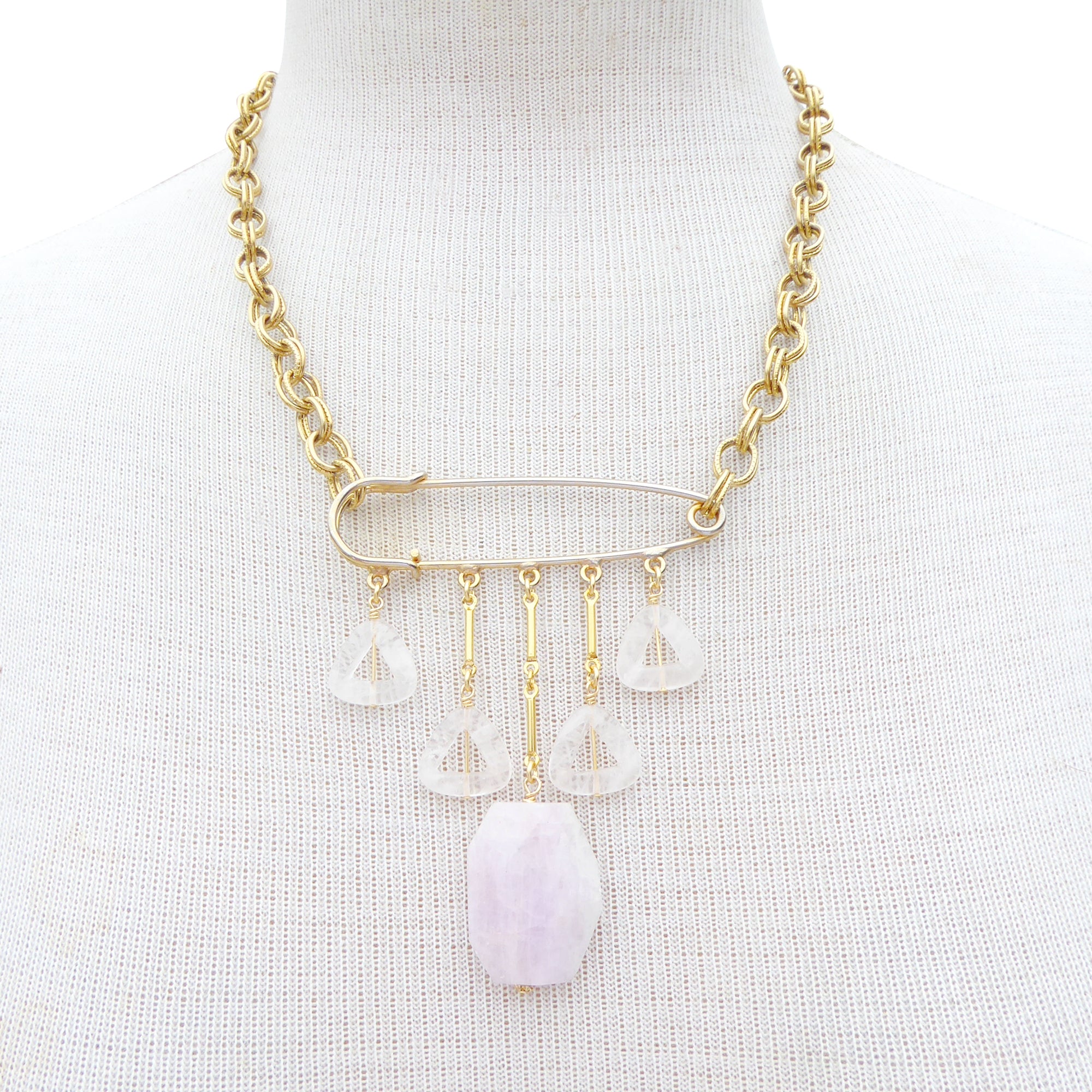 Kunzite and rose quartz safety pin necklace by Jenny Dayco 7