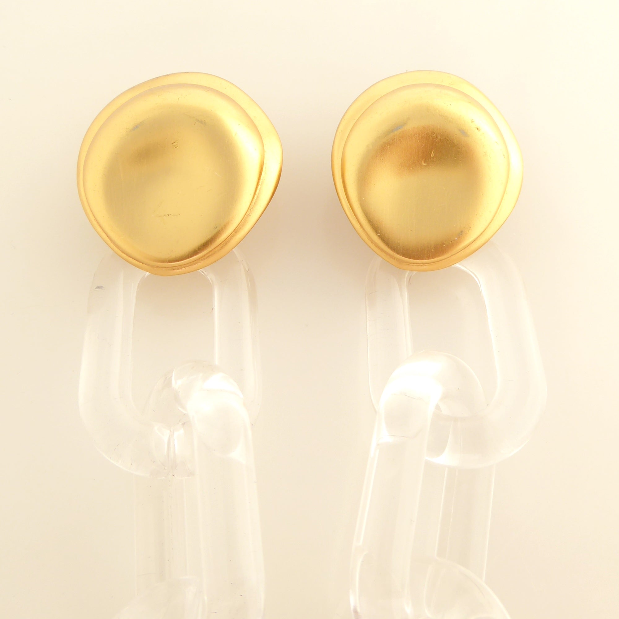 Matte gold vintage puffy clip on earrings with clear chain by Jenny Dayco 4