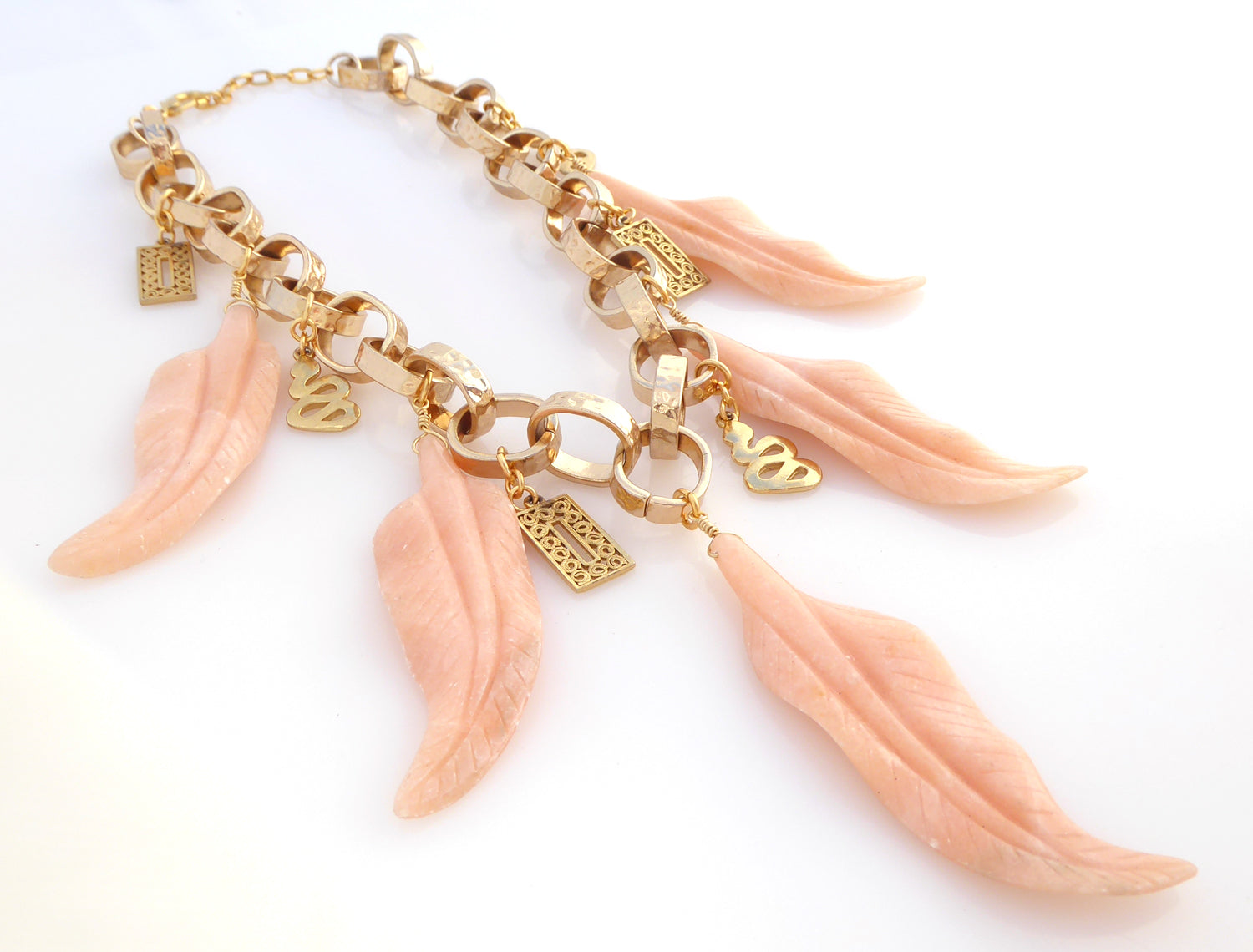 Peach aventurine feather necklace