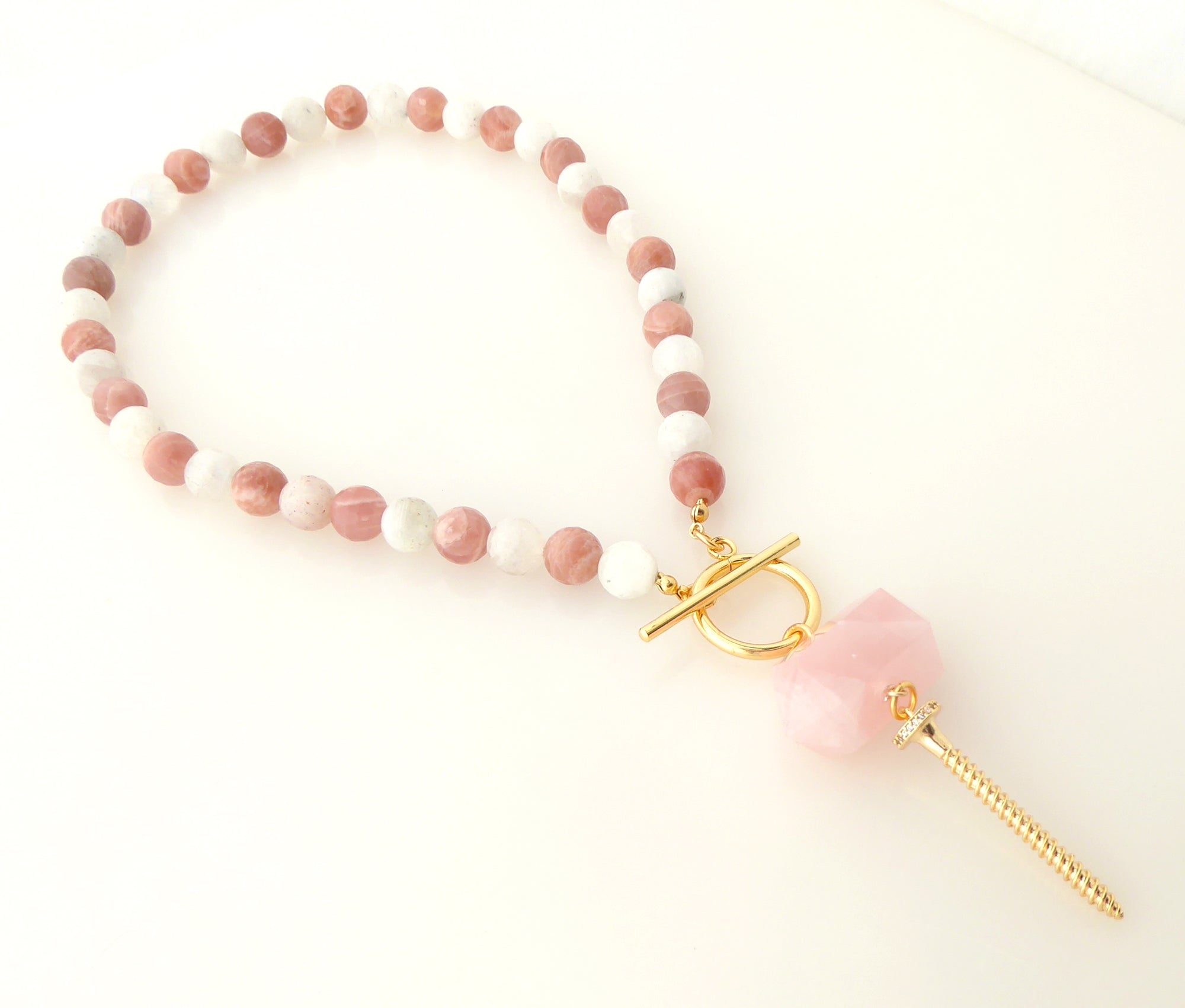 Peach moonstone screw necklace by Jenny Dayco 2