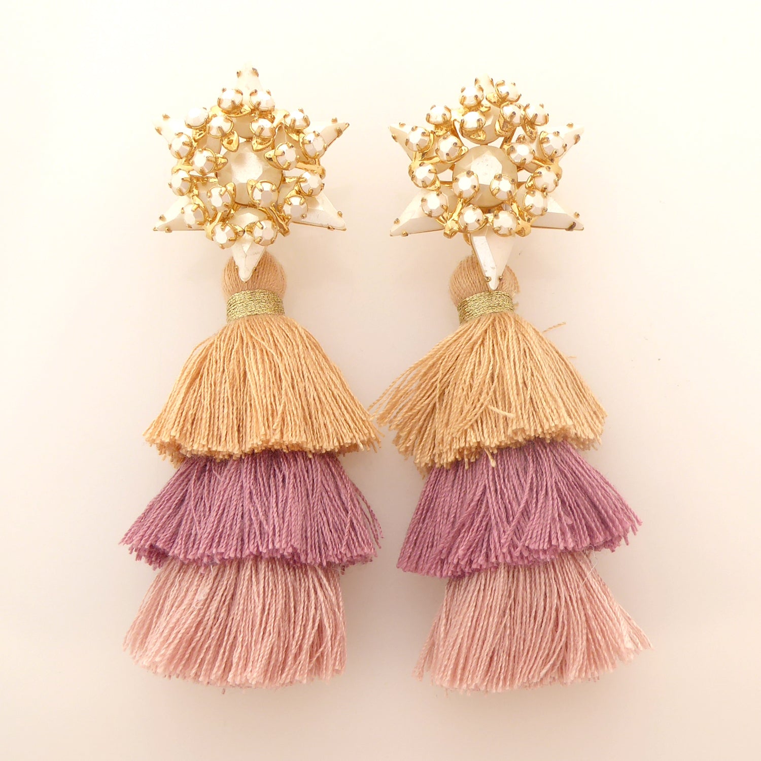 Pearly star and dusty rose tassel earrings
