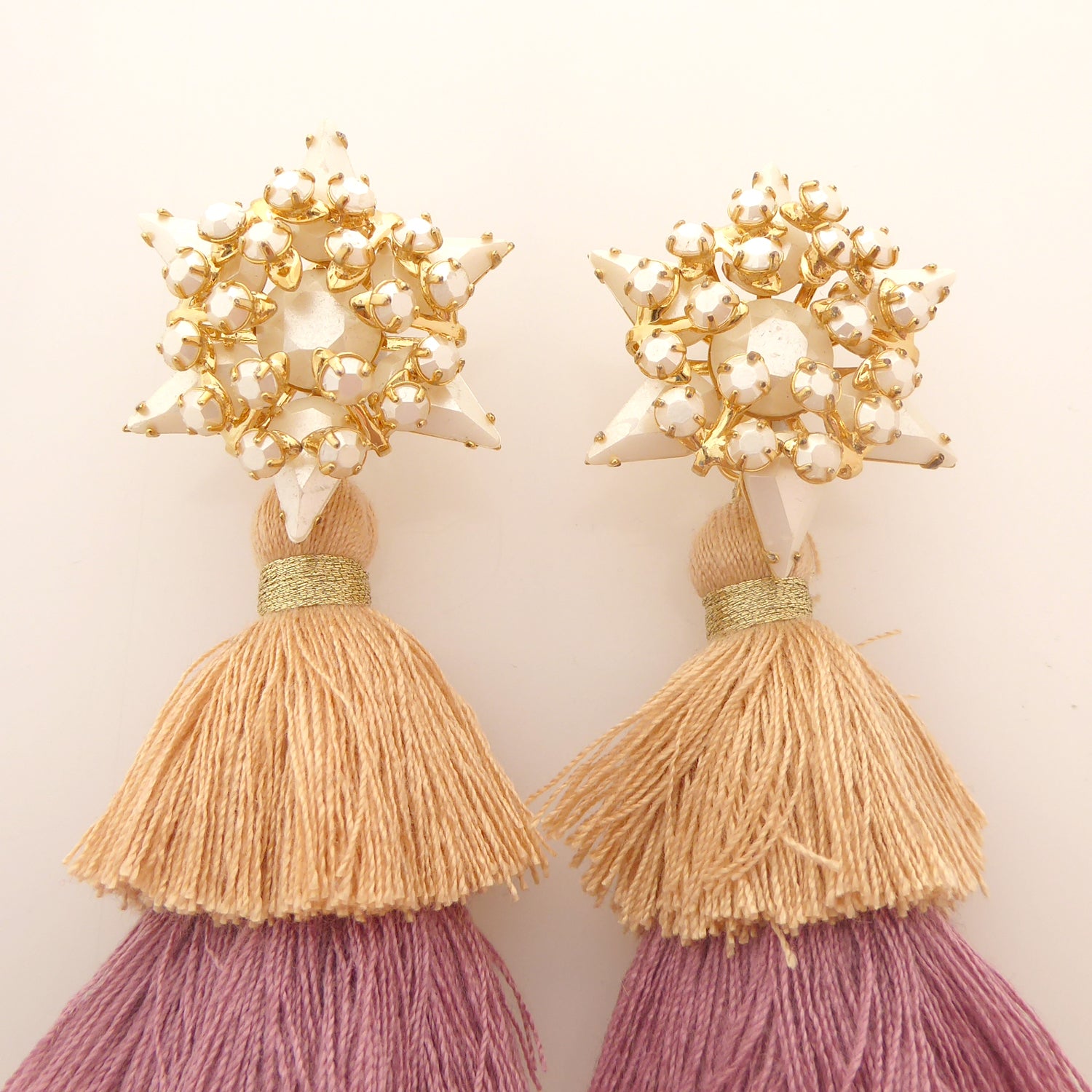 Pearly star and dusty rose tassel earrings