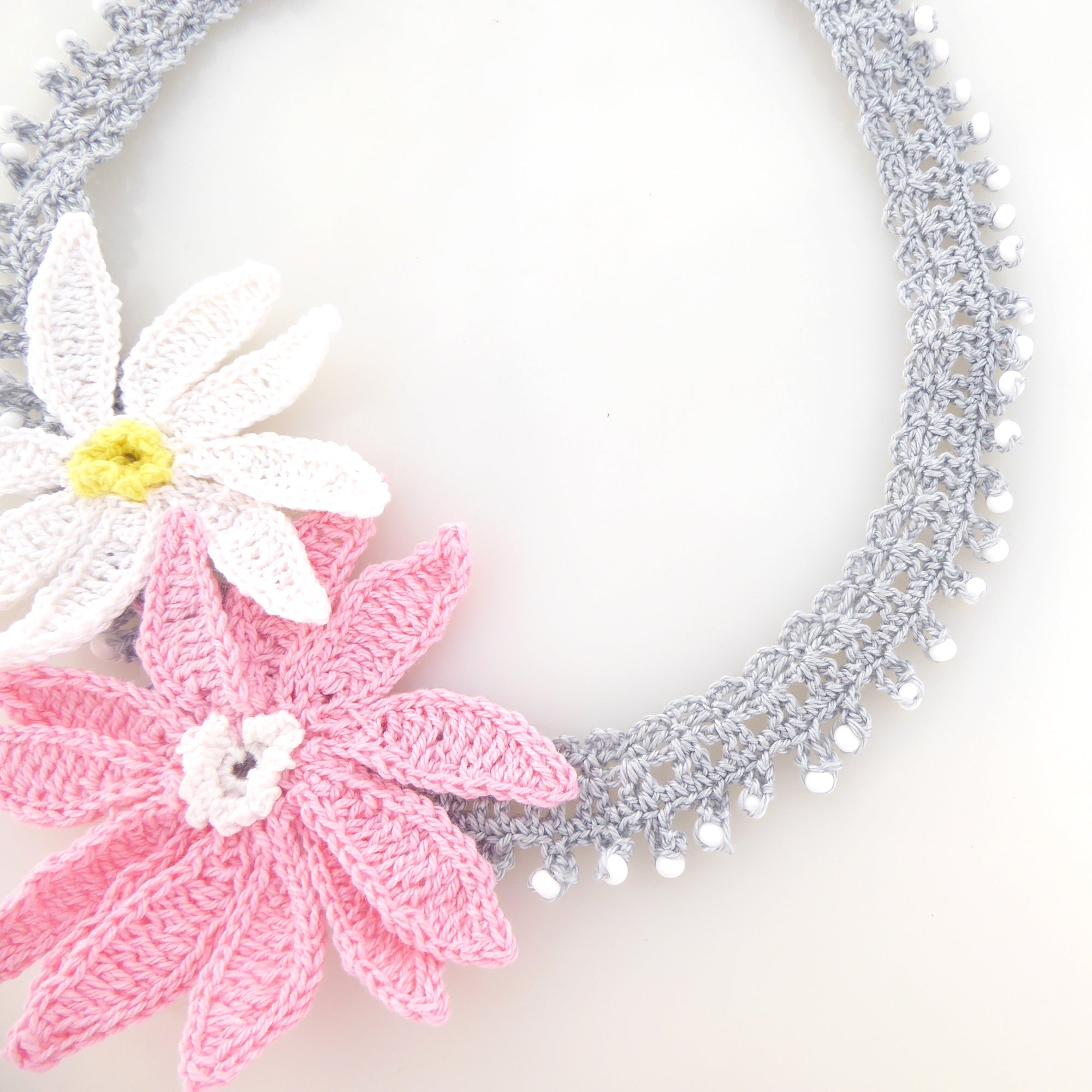 Pink and white flower crochet beaded necklace by Jenny Dayco 4