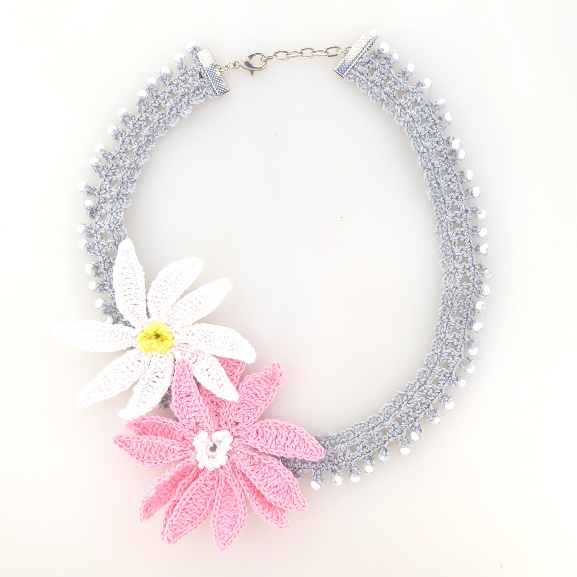 Pink and white flower crochet beaded necklace by Jenny Dayco 5