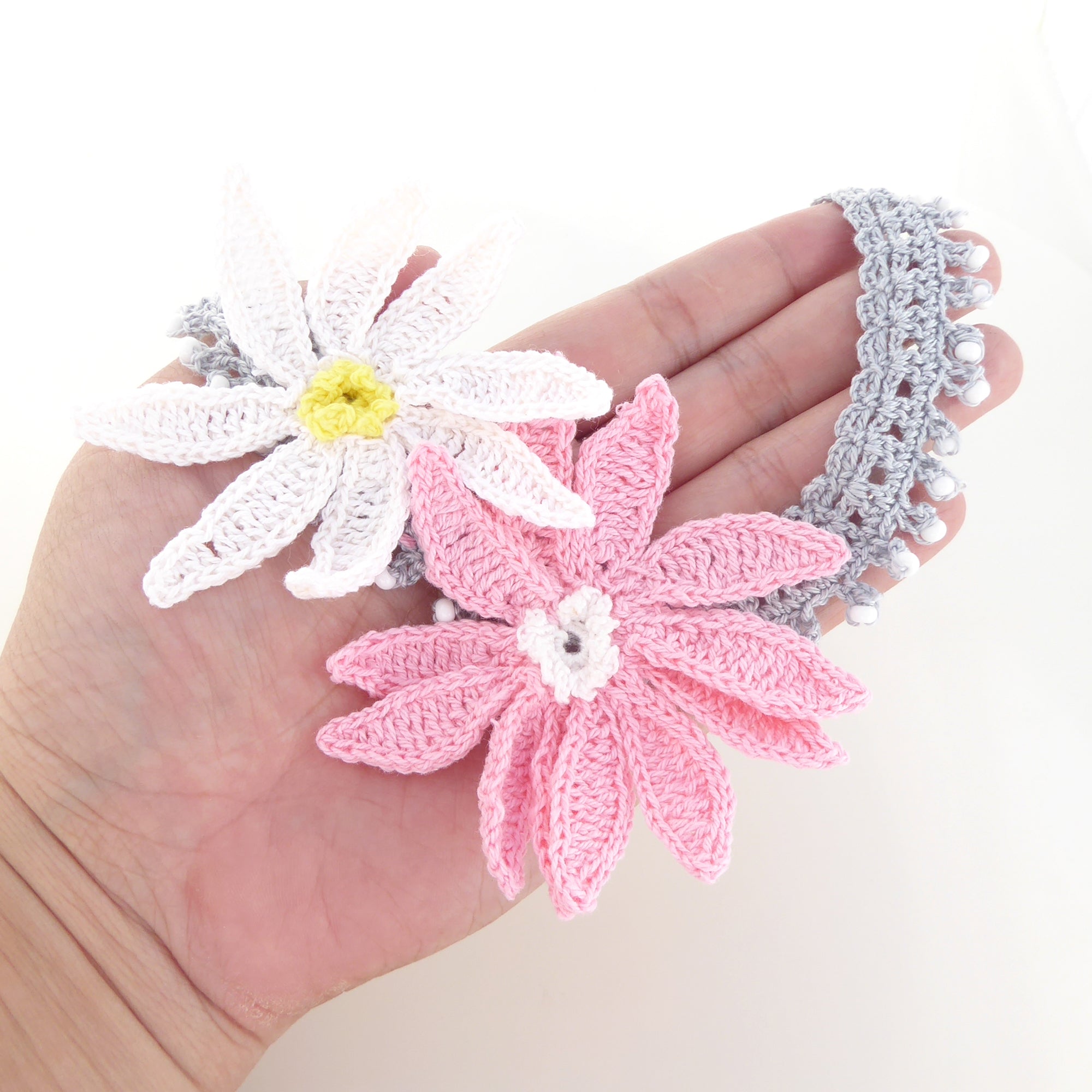 Pink and white flower crochet beaded necklace by Jenny Dayco 6