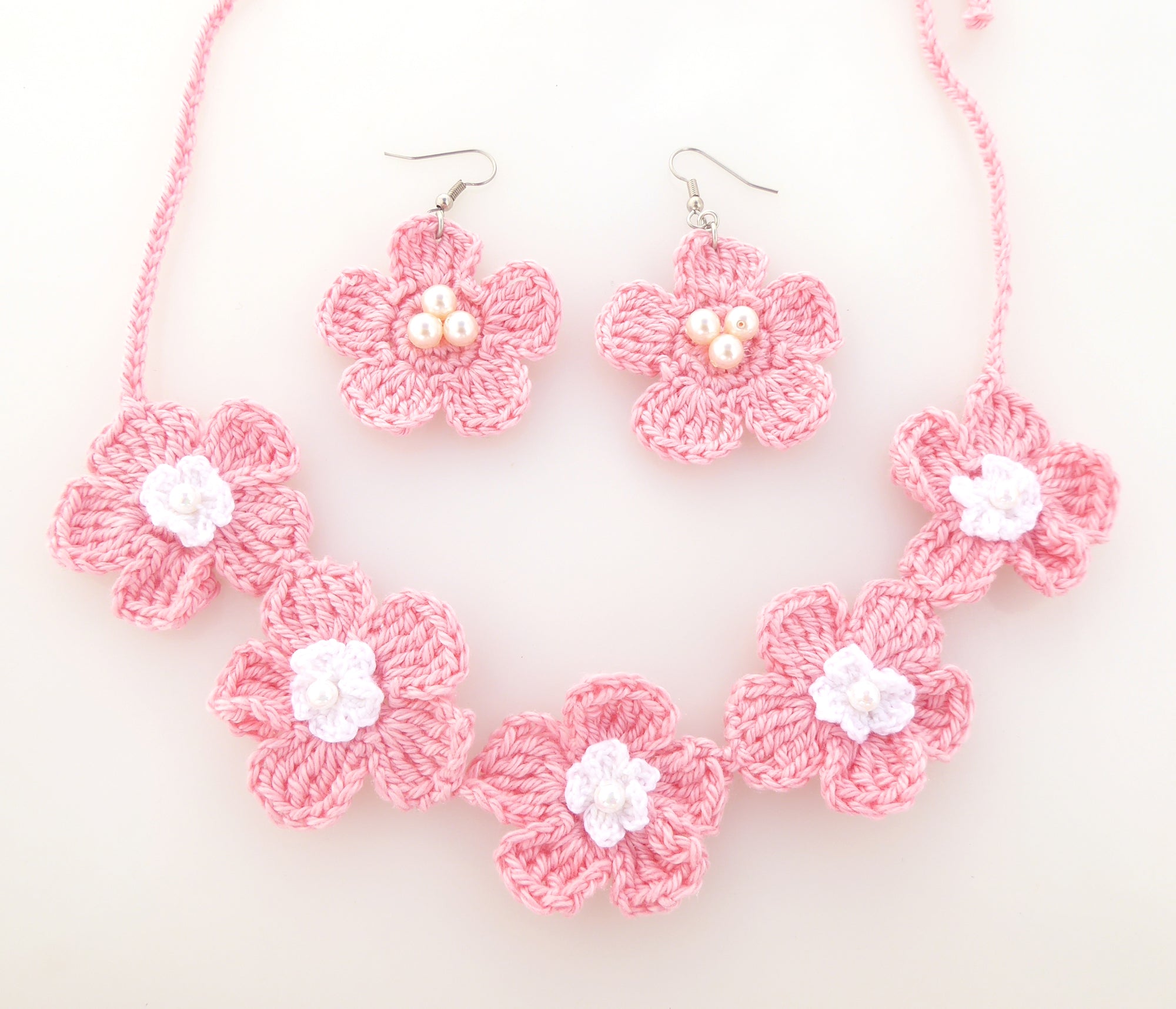 Pink and white pearl daisy earrings and necklace by Jenny Dayco 5