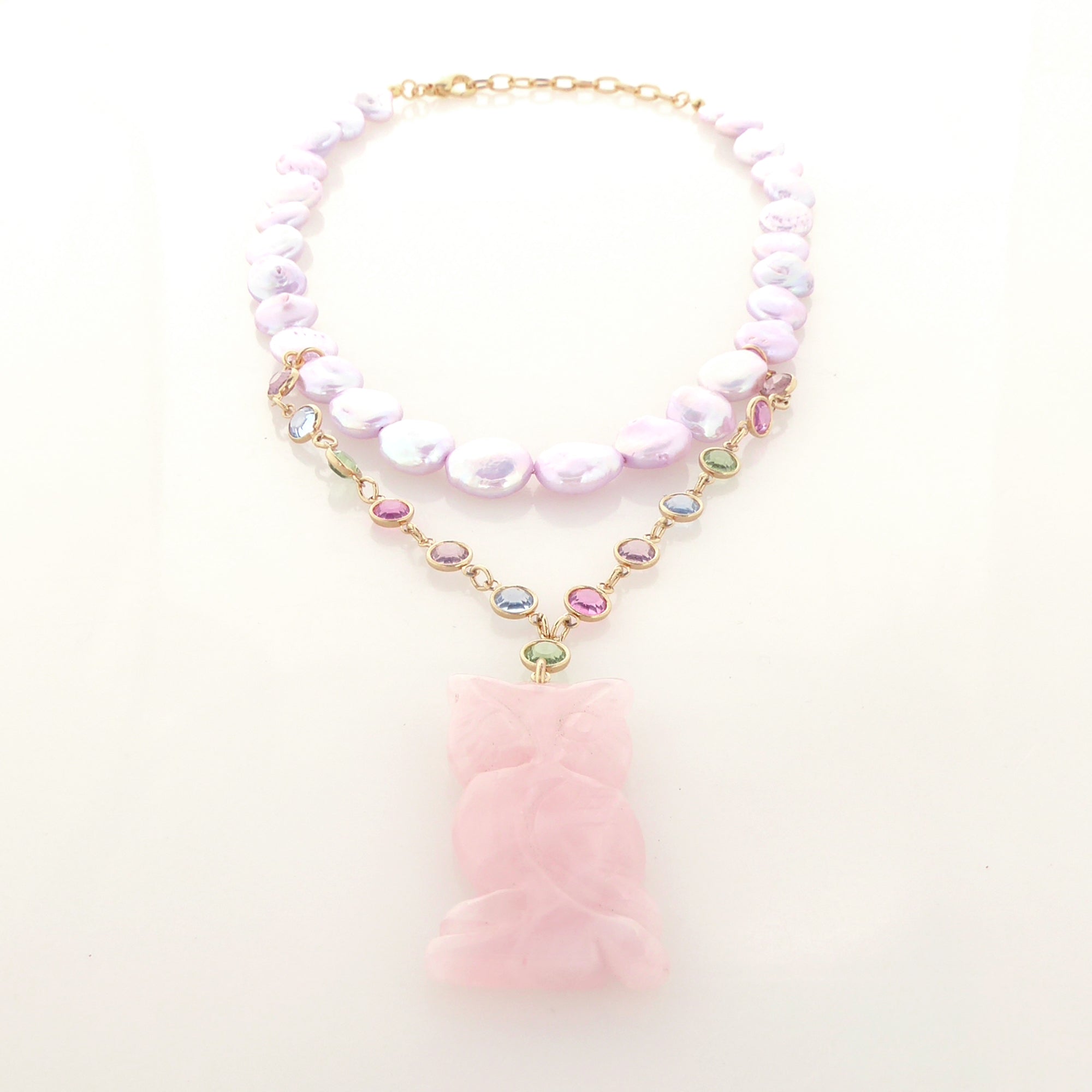 Rose quartz owl necklace by Jenny Dayco 3