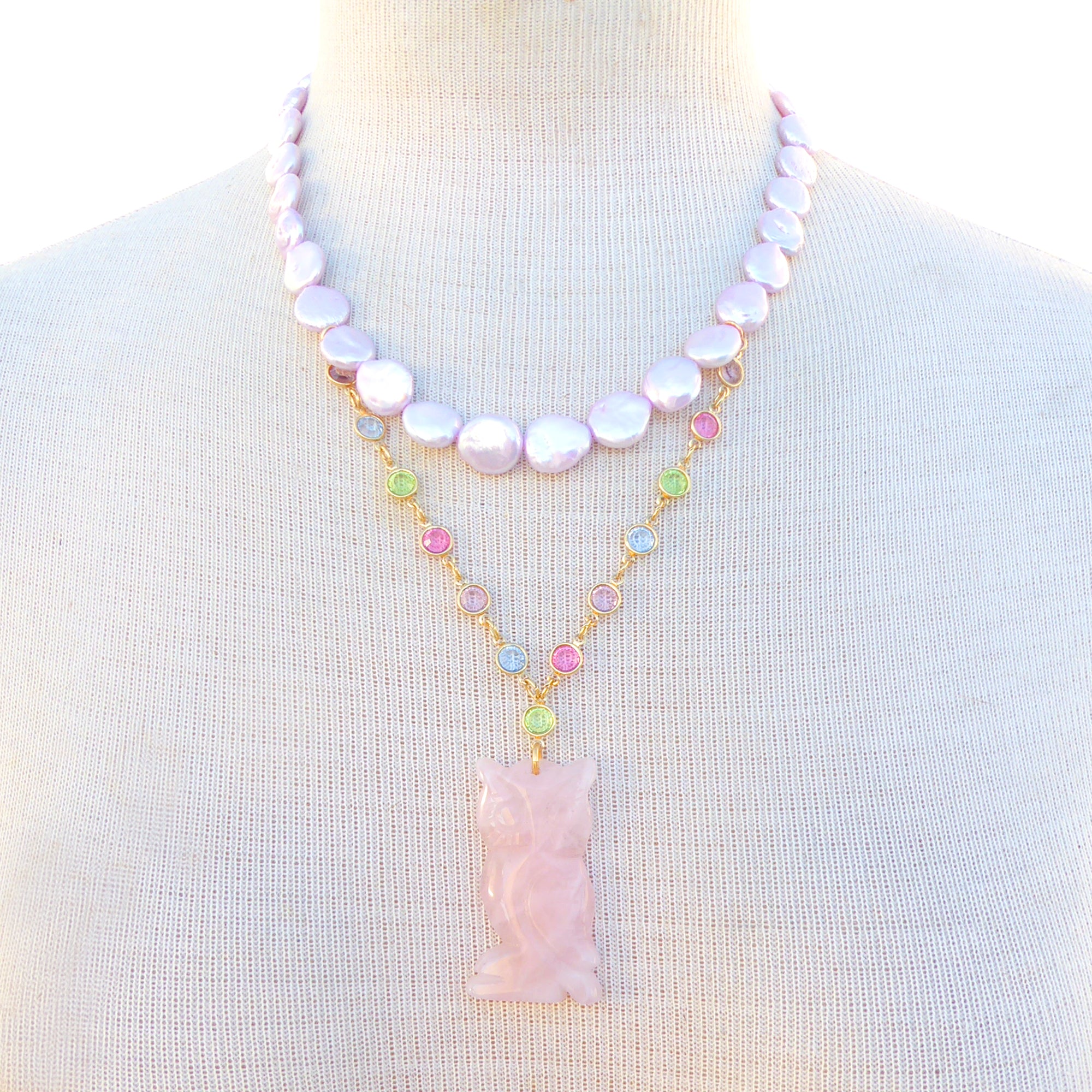 Rose quartz owl necklace