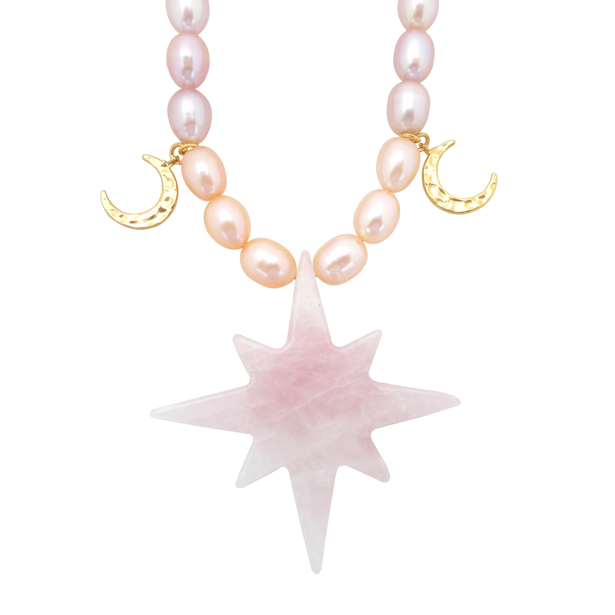 Rose quartz star gold moon peach pearl gradient necklace by Jenny Dayco 1