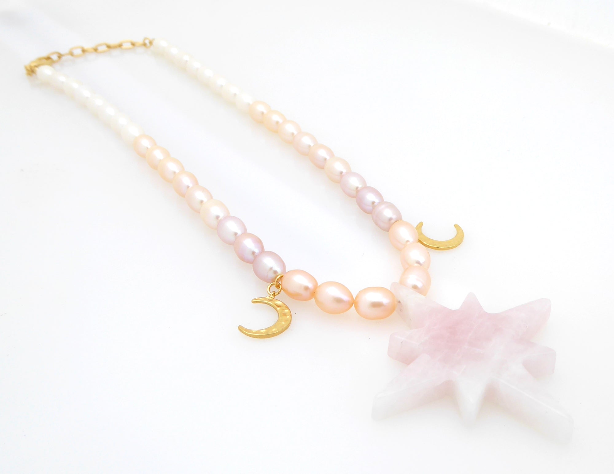 Rose quartz star gold moon peach pearl gradient necklace by Jenny Dayco 2