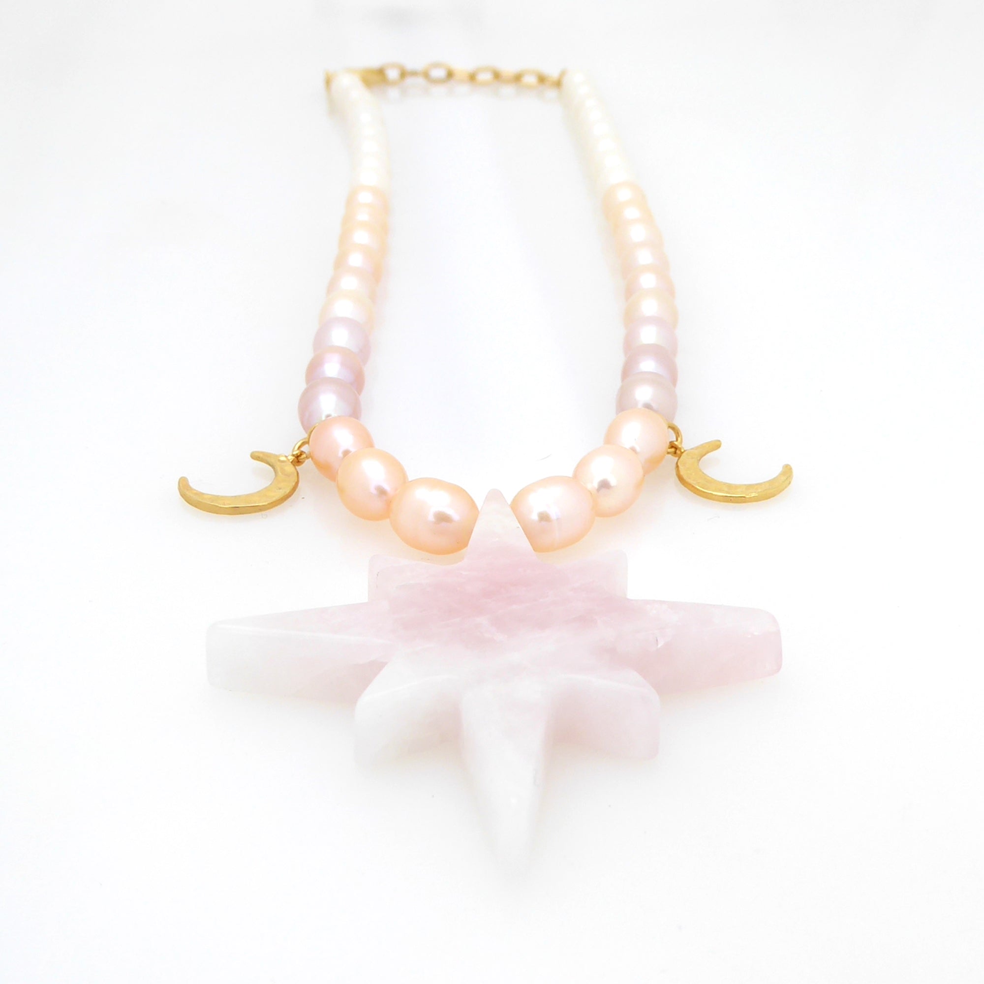 Rose quartz star gold moon peach pearl gradient necklace by Jenny Dayco 3