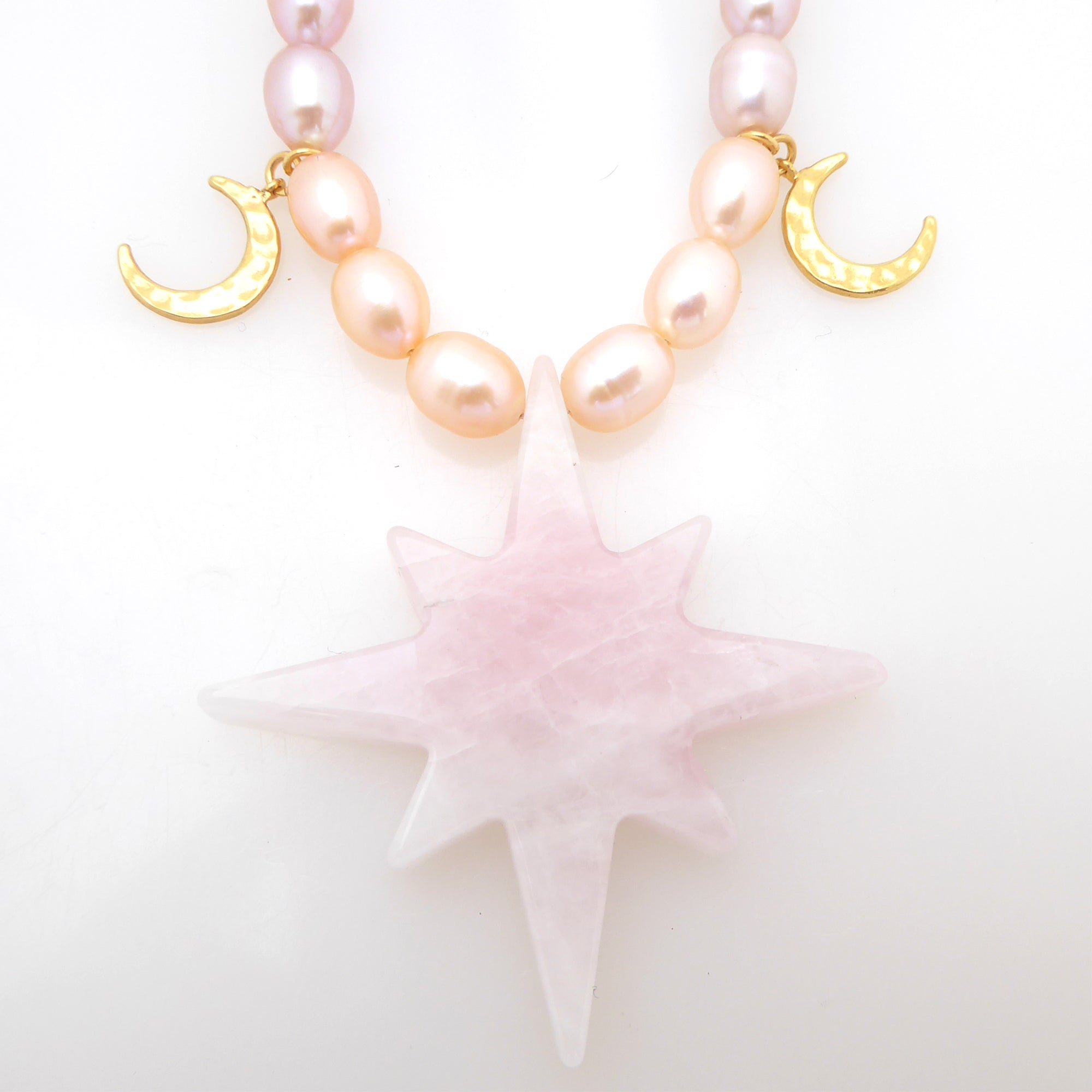 Rose quartz star gold moon peach pearl gradient necklace by Jenny Dayco 4