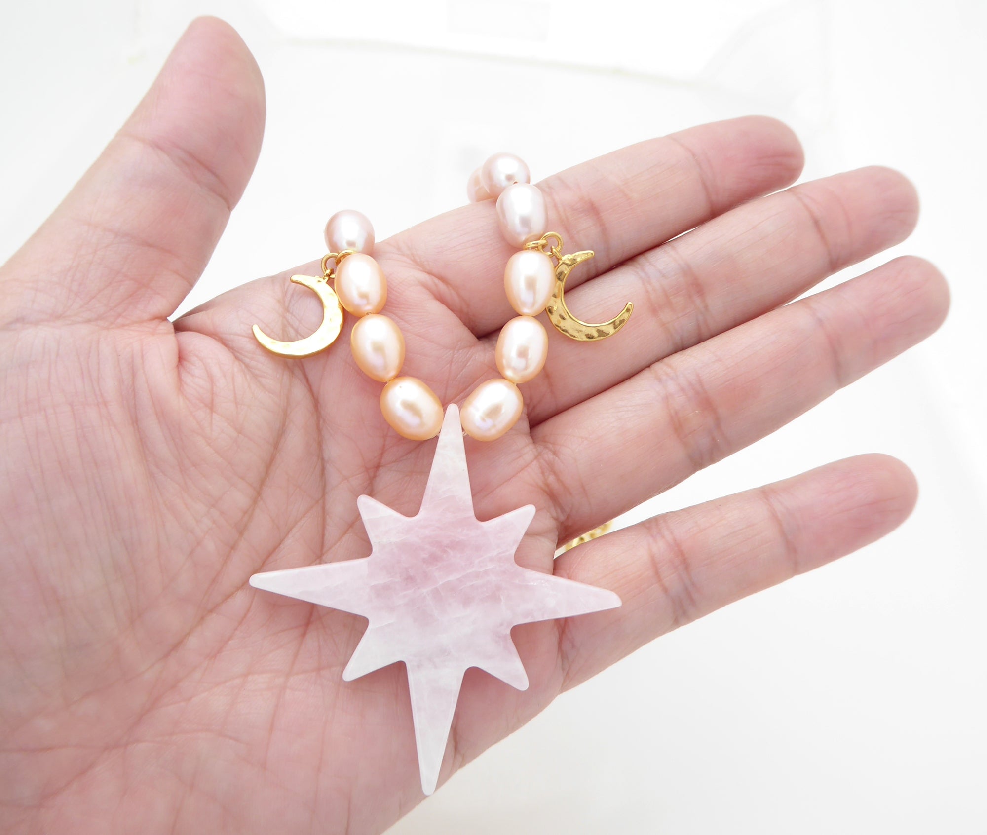 Rose quartz star gold moon peach pearl gradient necklace by Jenny Dayco 6