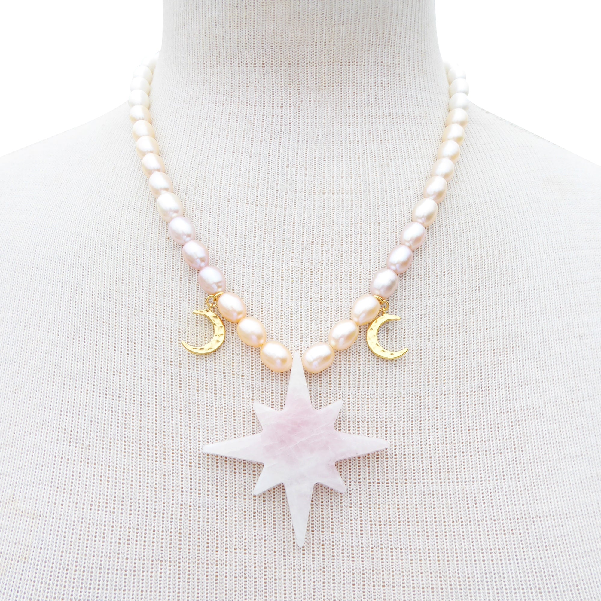 Rose quartz star gold moon peach pearl gradient necklace by Jenny Dayco 7