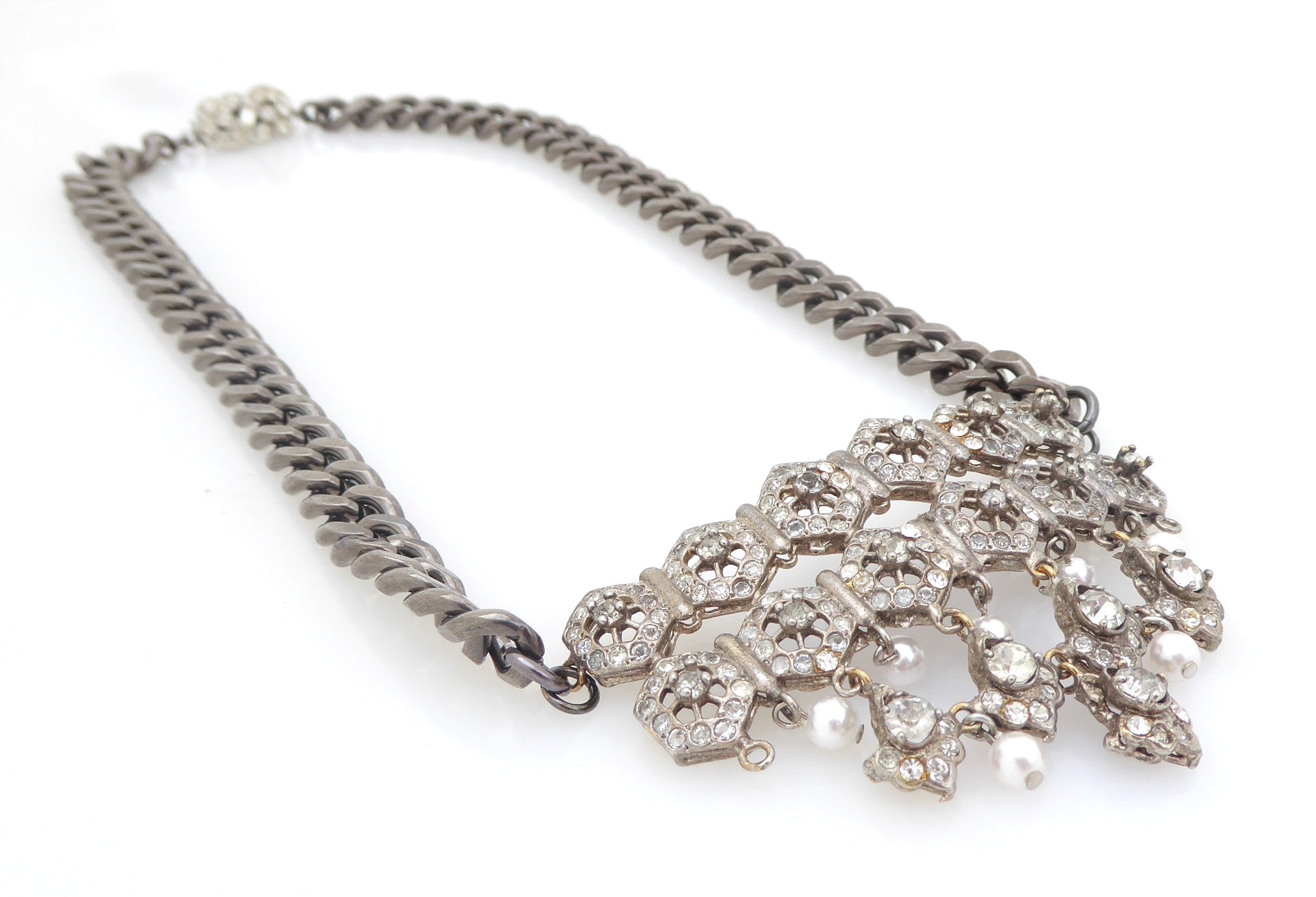 Tiretiera rhinestone pearl gunmetal necklace by Jenny Dayco 2