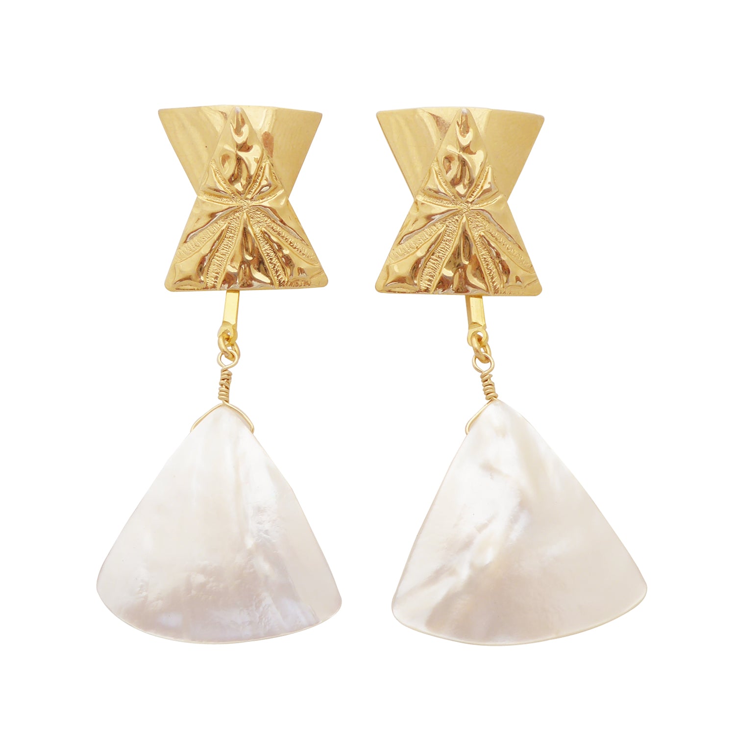 Triantan gold and white mother of pearl triangle earrings by Jenny Dayco 1
