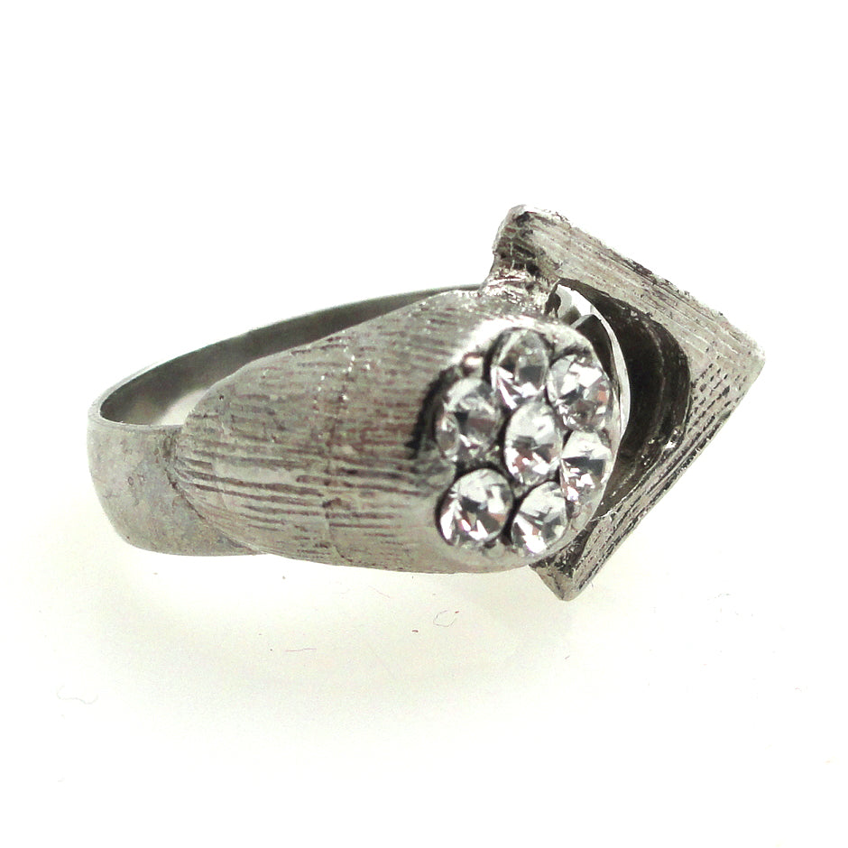 Vintage silver triangle and rhinestone ring by Jenny Dayco side view