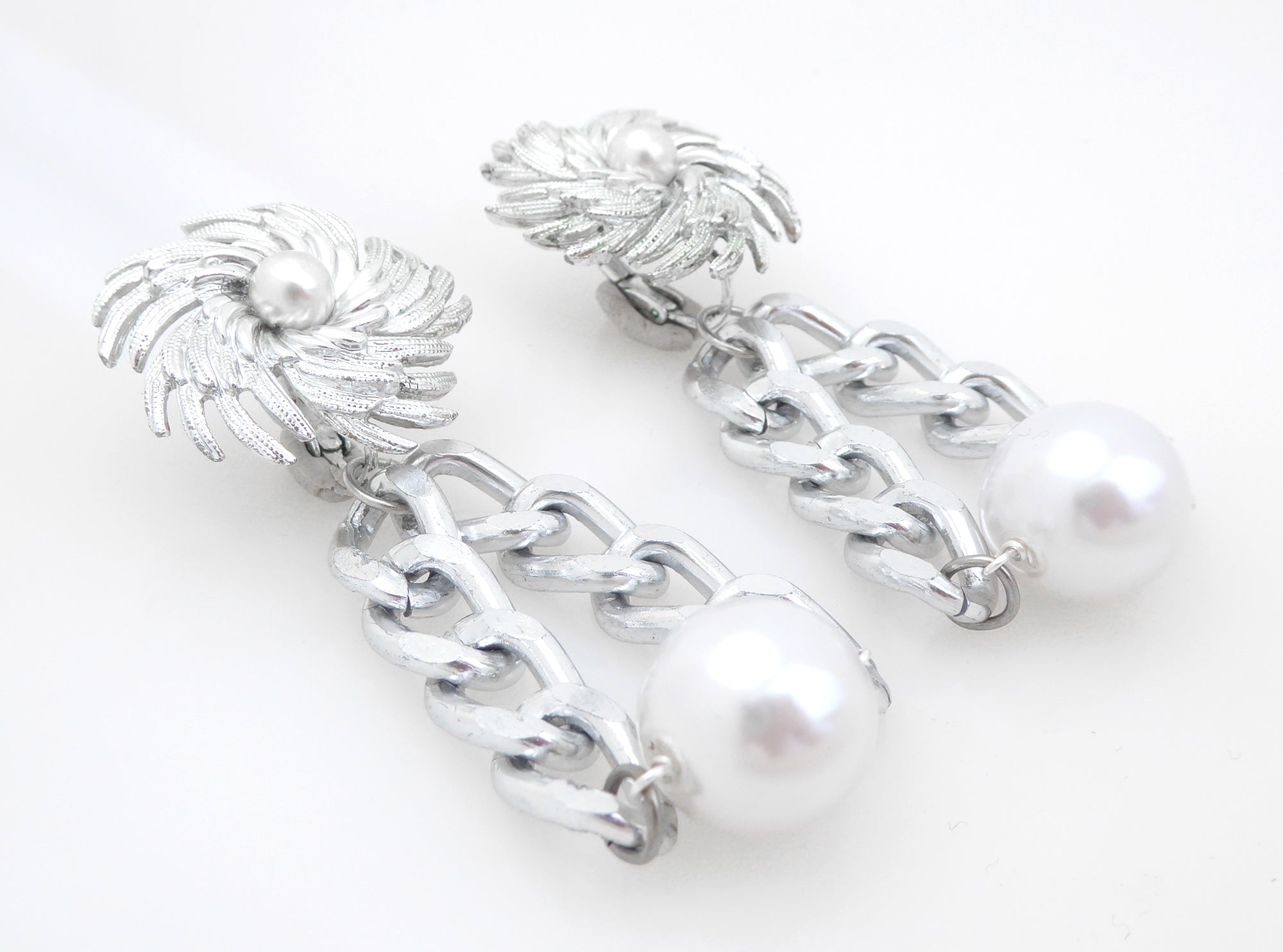 Vintage silver dahlia pearl and chain earrings by Jenny Dayco 2