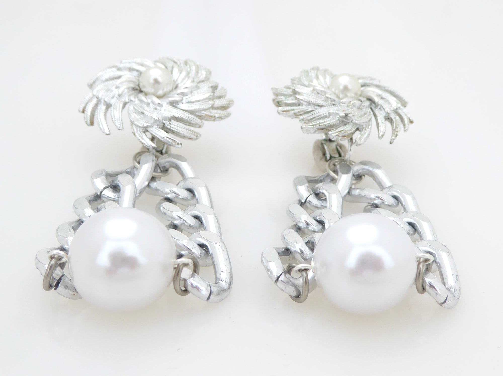 Vintage silver dahlia pearl and chain earrings by Jenny Dayco 3