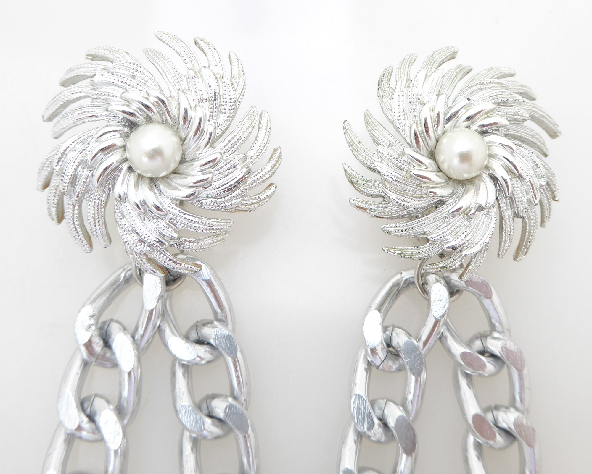 Vintage silver dahlia pearl and chain earrings by Jenny Dayco 4